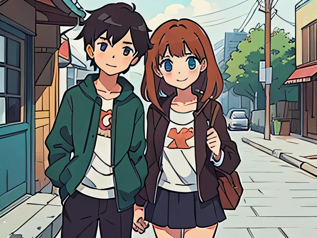 Perfect anime illustration ,selfie of two girls with a boy standing behind them