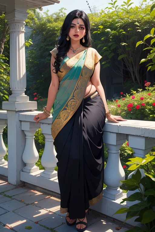 ((best quality)), ((masterpiece)), (detailed), perfect face, beautiful look, ultra detailed, High resolution, sitting,orgasam face , long black hair, bengali girl, innocent face , fat body,  bengali aunty, 45 years old , house wife,showing full body , in sarees , standing in the garden 