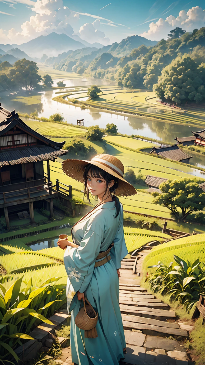 Paddy fieldを歩いている女性ががいる, Wearing a straw hat、in the background is a hut with Paddy field, Paddy field, Paddy fieldに植えられたきれいな稲の苗, hazey rain, village, agriculture, In a quiet landscape, hazey weather, In a vast and peaceful landscape, early morning, in the morning haze, 小さなvillageの裏, haze, Japanese countryside, Thatched roof --v 6