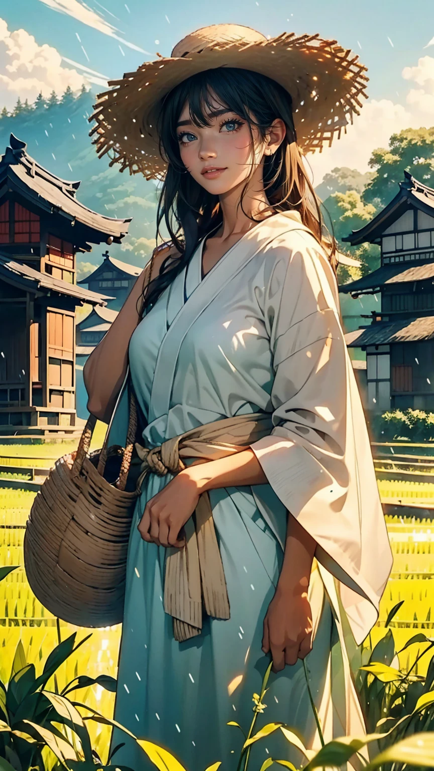 Paddy fieldを歩いている女性ががいる, Wearing a straw hat、in the background is a hut with Paddy field, Paddy field, Paddy fieldに植えられたきれいな稲の苗, hazey rain, village, agriculture, In a quiet landscape, hazey weather, In a vast and peaceful landscape, early morning, in the morning haze, 小さなvillageの裏, haze, Japanese countryside, Thatched roof --v 6