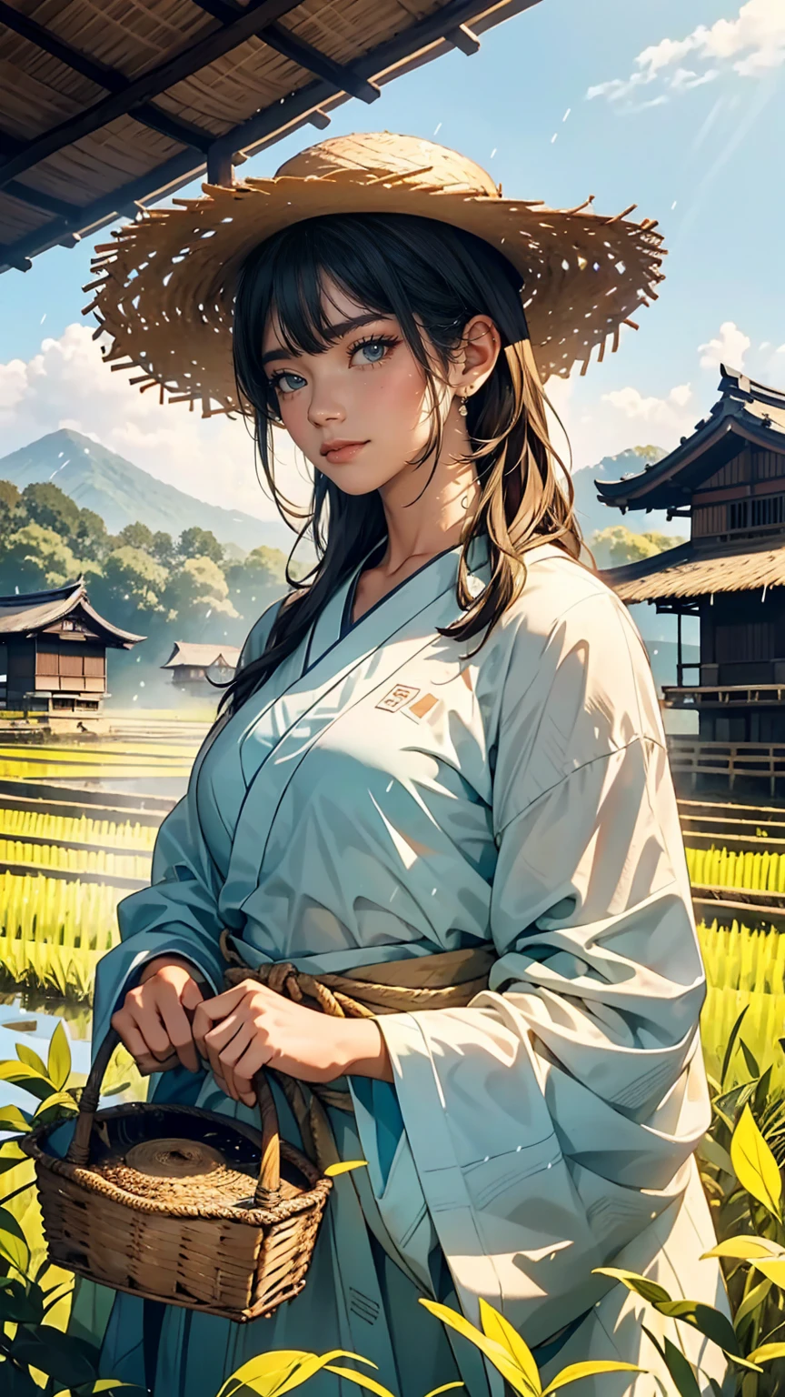 Paddy fieldを歩いている女性ががいる, Wearing a straw hat、in the background is a hut with Paddy field, Paddy field, Paddy fieldに植えられたきれいな稲の苗, hazey rain, village, agriculture, In a quiet landscape, hazey weather, In a vast and peaceful landscape, early morning, in the morning haze, 小さなvillageの裏, haze, Japanese countryside, Thatched roof --v 6