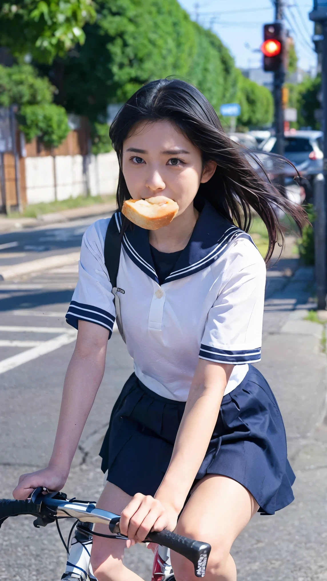 High school girl wearing a navy sailor suit、ride a bicycle、I'm in a hurry、White uniform with blue stripes on collar and cuffs、Her black hair is tousled by the wind、Sweat、anxiety、nervous、顔と額にSweat、A piece of bread is held tightly in the corner of his mouth、Red cheeks、Hold the handlebars firmly、Pedaling with all my might、前傾姿勢でride a bicycle、A sense of speed that cuts through the wind、Her hair and uniform skirt fluttering in the wind、A black shoulder bag is hanging、A Japanese residential area spreads out、Green tree々、Flowers on both sides of the road、The sky is blue、Birds are flying、