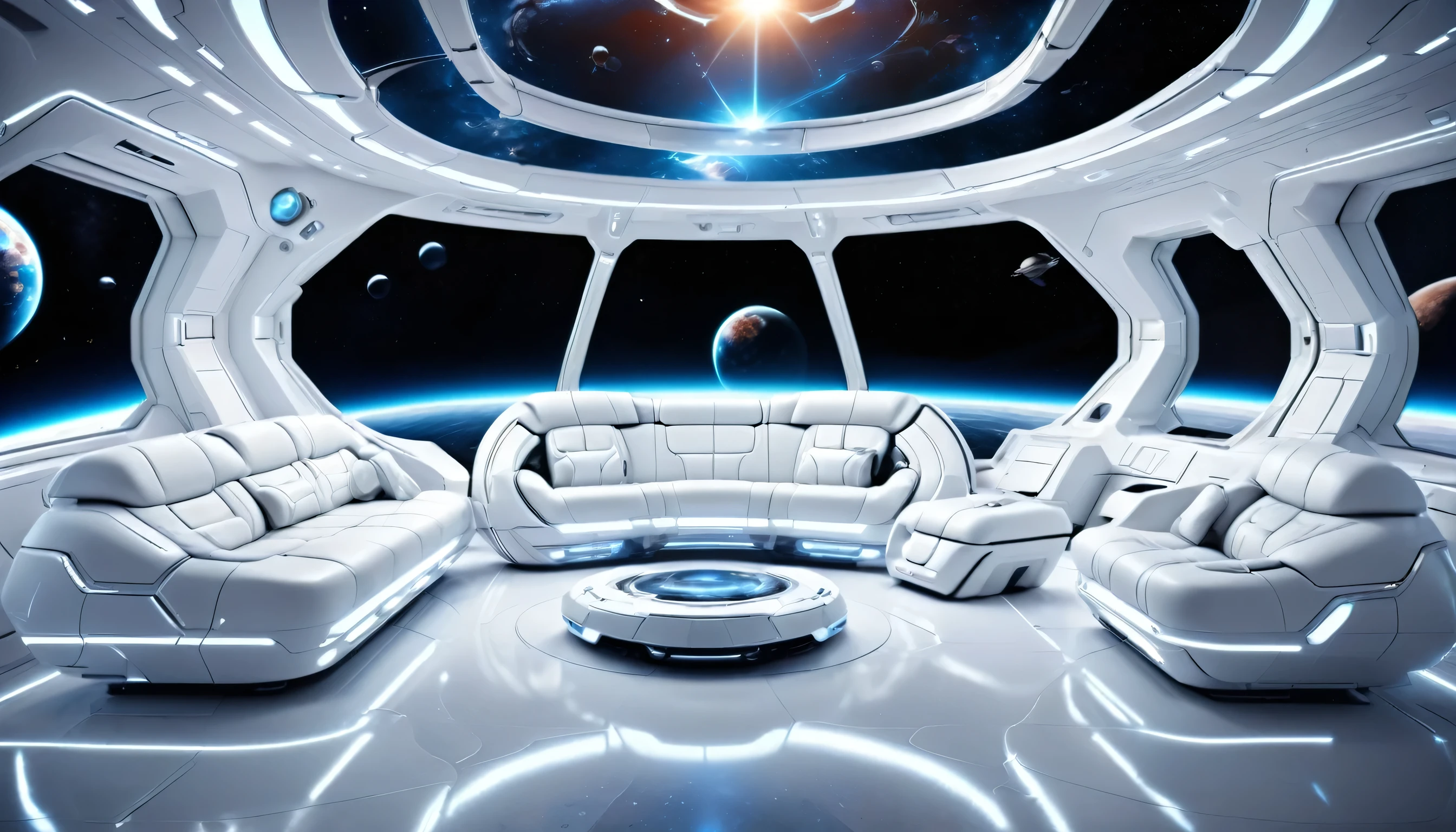 a high-tech living room interior inside a sleek futuristic spaceship, white minimal modern design, cinematic mood lighting, advanced technology controls, large panoramic window views of outer space, 3D photorealistic rendering, 8K UHD, HDR
