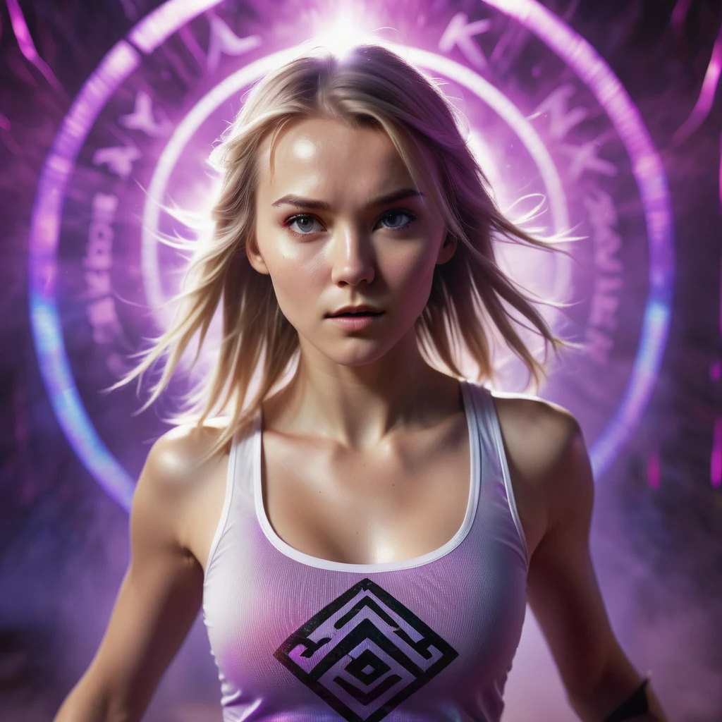 A handsome Norwegian girl, sharp eyes, clear facial features, wearing top tank, combat posture, martial arts movements, body surrounded by purple mist, runes around, holographic reality, holographic halo, motion blur, game light effects, edge light, soft light, movie edge light, delicate light, masterpiece, super detailed, epic composition, super HD, high quality, highest quality, 32k