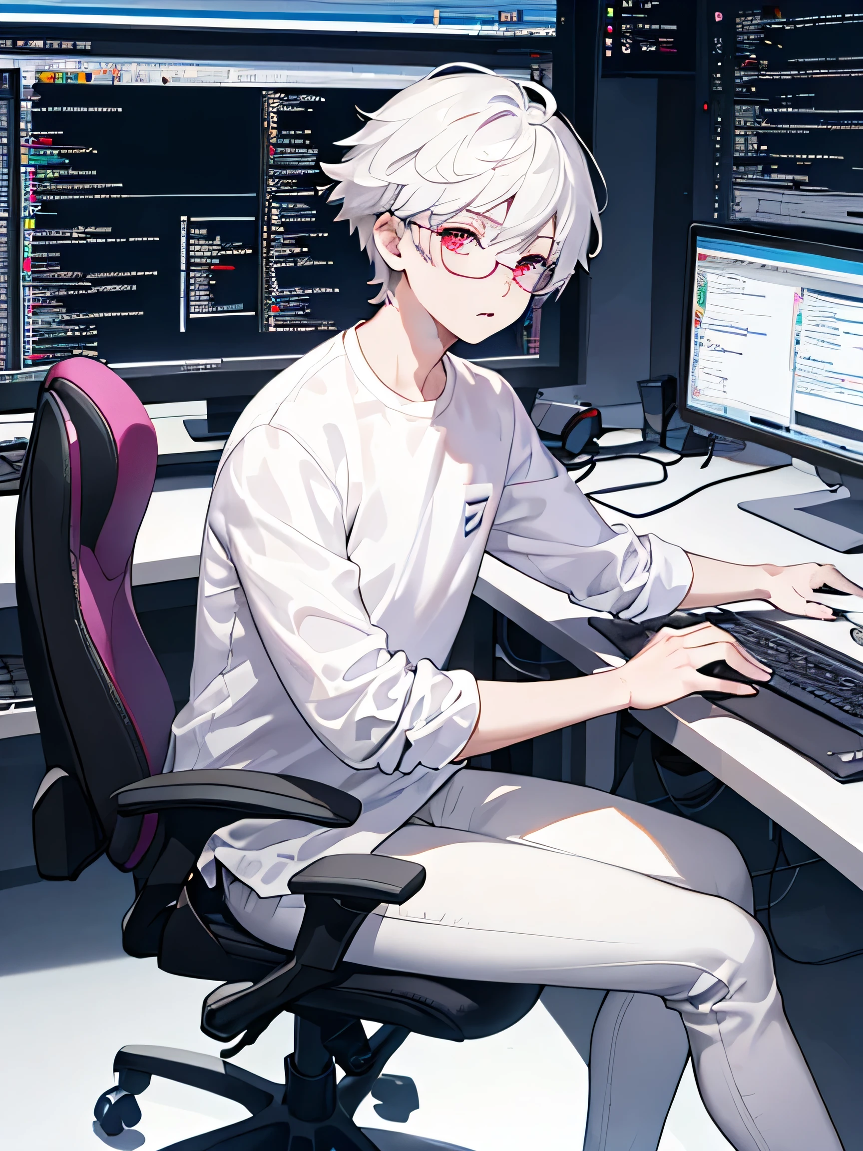 8k, high quality, 1 boy, white hair, pink eyes, white shirt, white pants, round glasses, IT skills, coding, title Ilanaine D. Martis