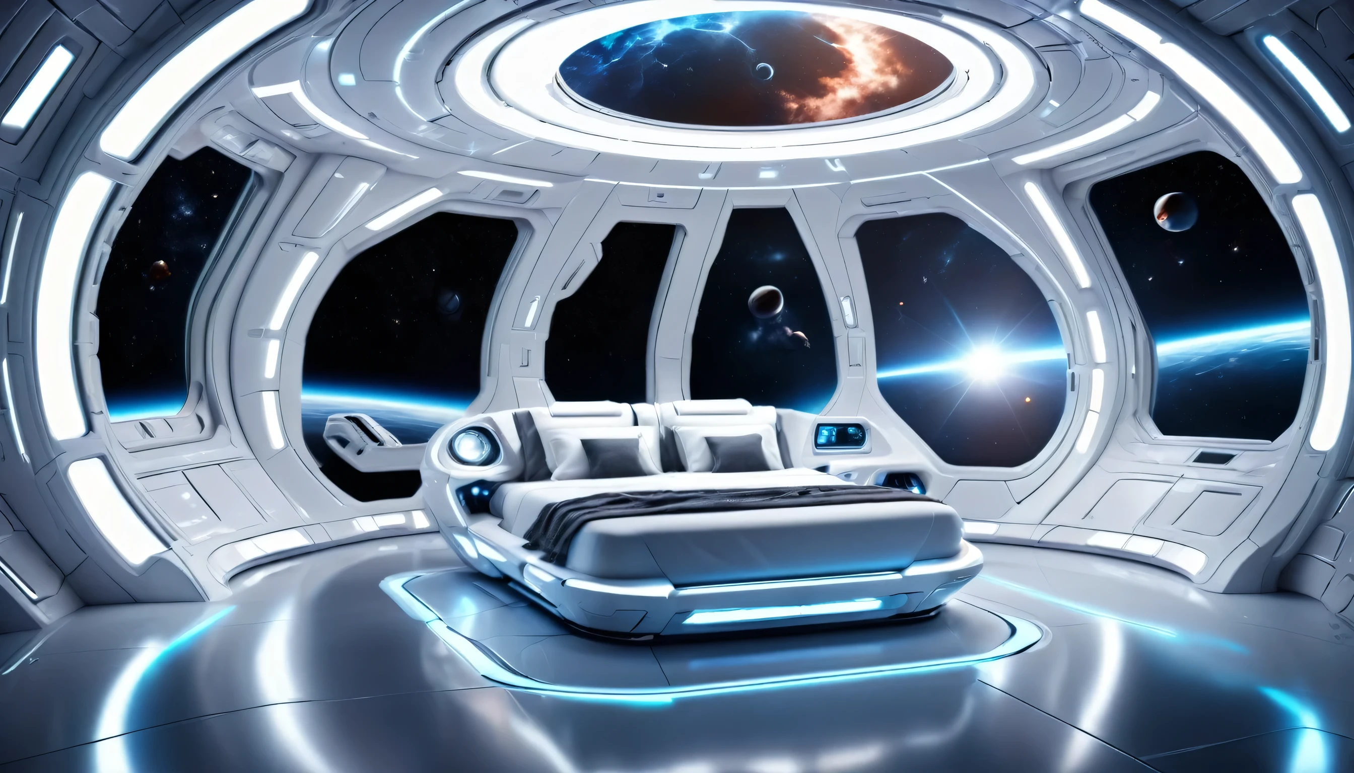 a high-tech bed room interior inside a sleek futuristic spaceship, white minimal modern design, cinematic mood lighting, advanced technology controls, large panoramic window views of outer space, 3D photorealistic rendering, 8K UHD, HDR