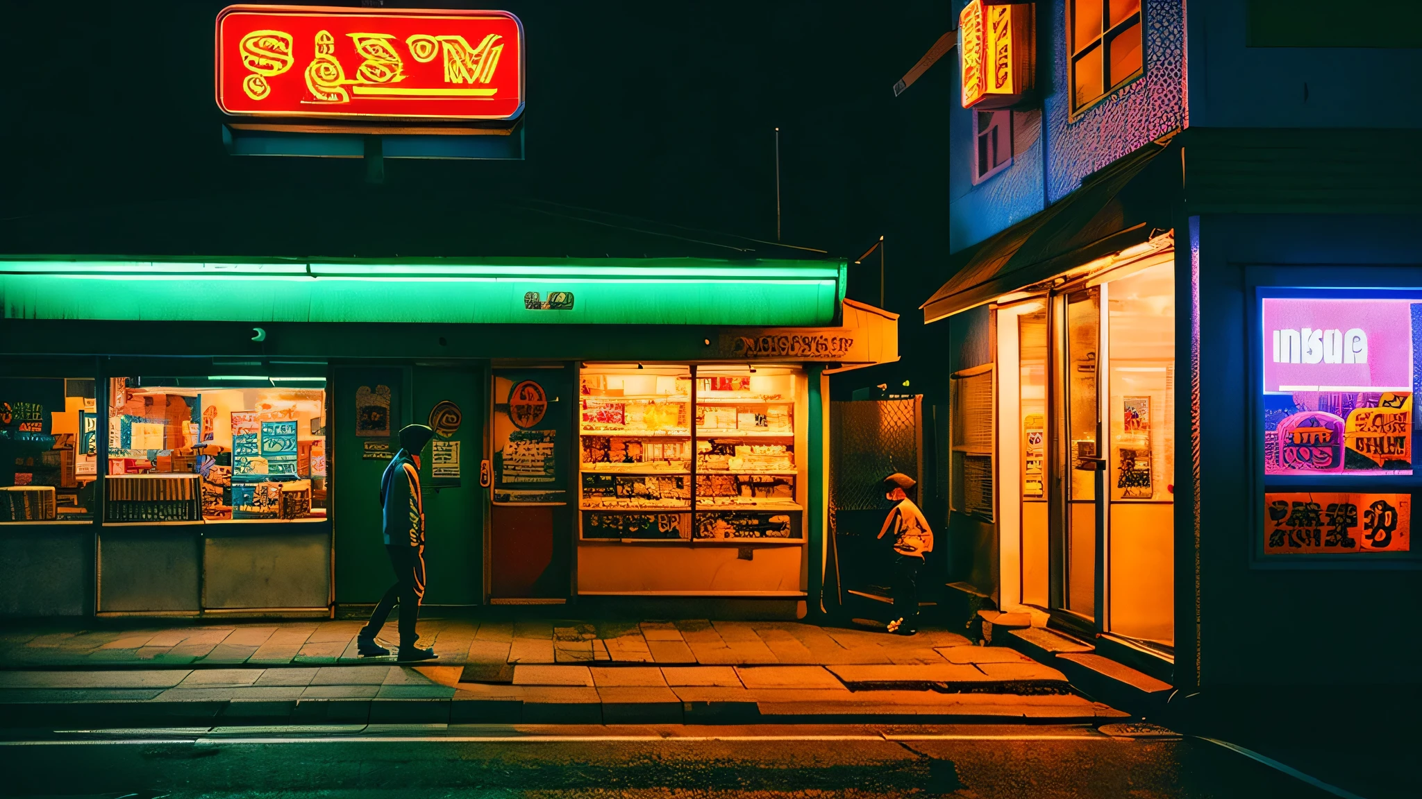 An 80s vintage-style illustration of a boy smoking a cigarette outside a convenience store late at night. The scene is mellow and nostalgic, with neon lights casting a soft glow. The boy, dressed in retro streetwear, leans against the store's entrance, under a streetlamp. The quiet, dimly lit street and the distant city skyline enhance the serene and nostalgic mood. The overall style evokes the charm of classic 80s artwork.