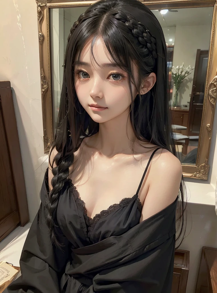 (surreal)、(Implications)、(High resolution)、(8K)、(Very detailed)、(Best Illustration)、(Beautifully detailed eyes)、(Top quality)、(Ultra Detailed)、(masterpiece)、(wallpaper)、(a delicate face)、solo、1 Girl、Looking at the audience、fine、a delicate face、in the dark night、Deep shadows、Low profile、purebred face_V1、((long hair))、Black shawl straight hair、Side bangs、thin braids、picture frame、(Straight chest)