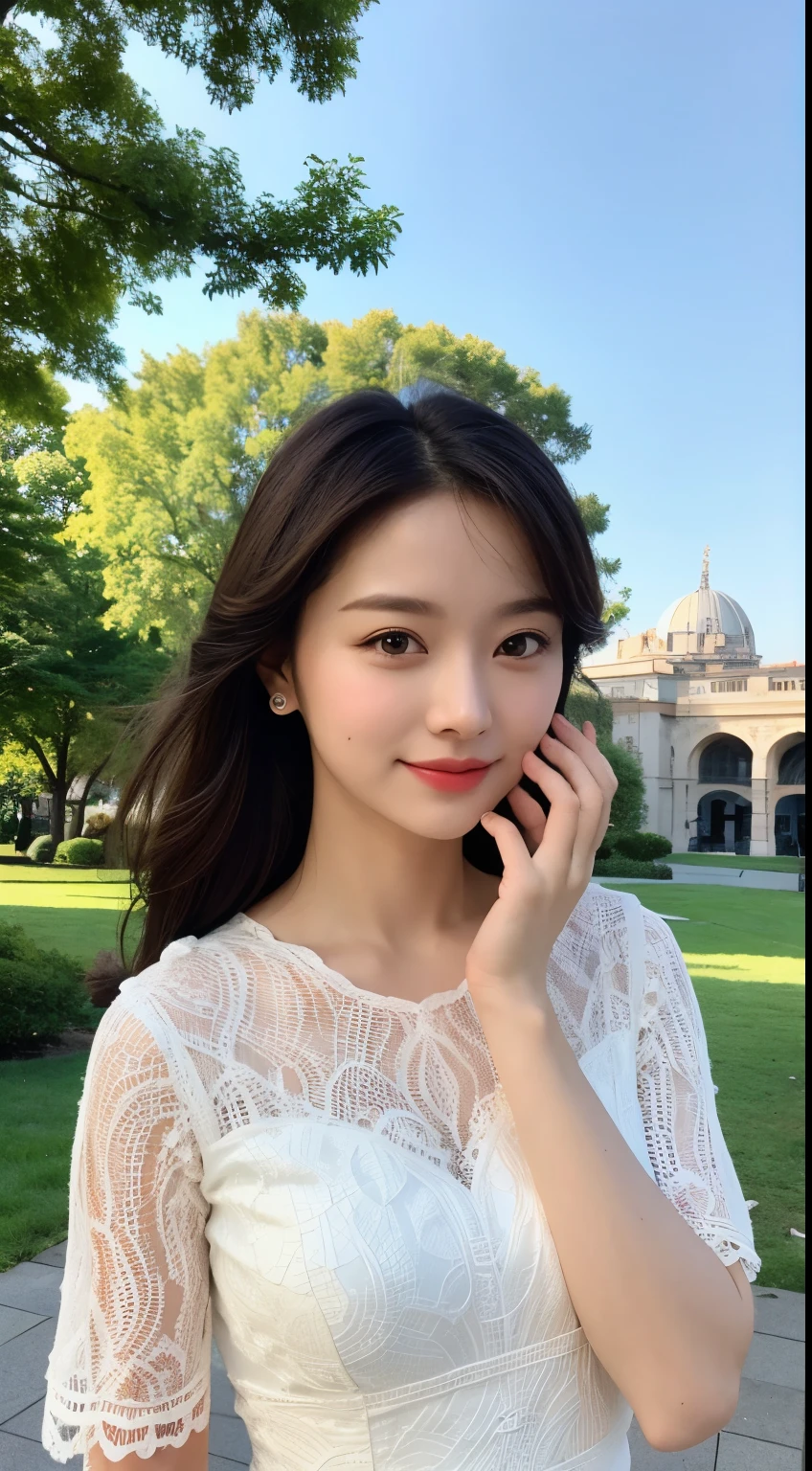 （Highly detailed body，Highly detailed face，Best quality at best：1.2） ，A woman who is，Professional Dress，Park in the background，Bright light