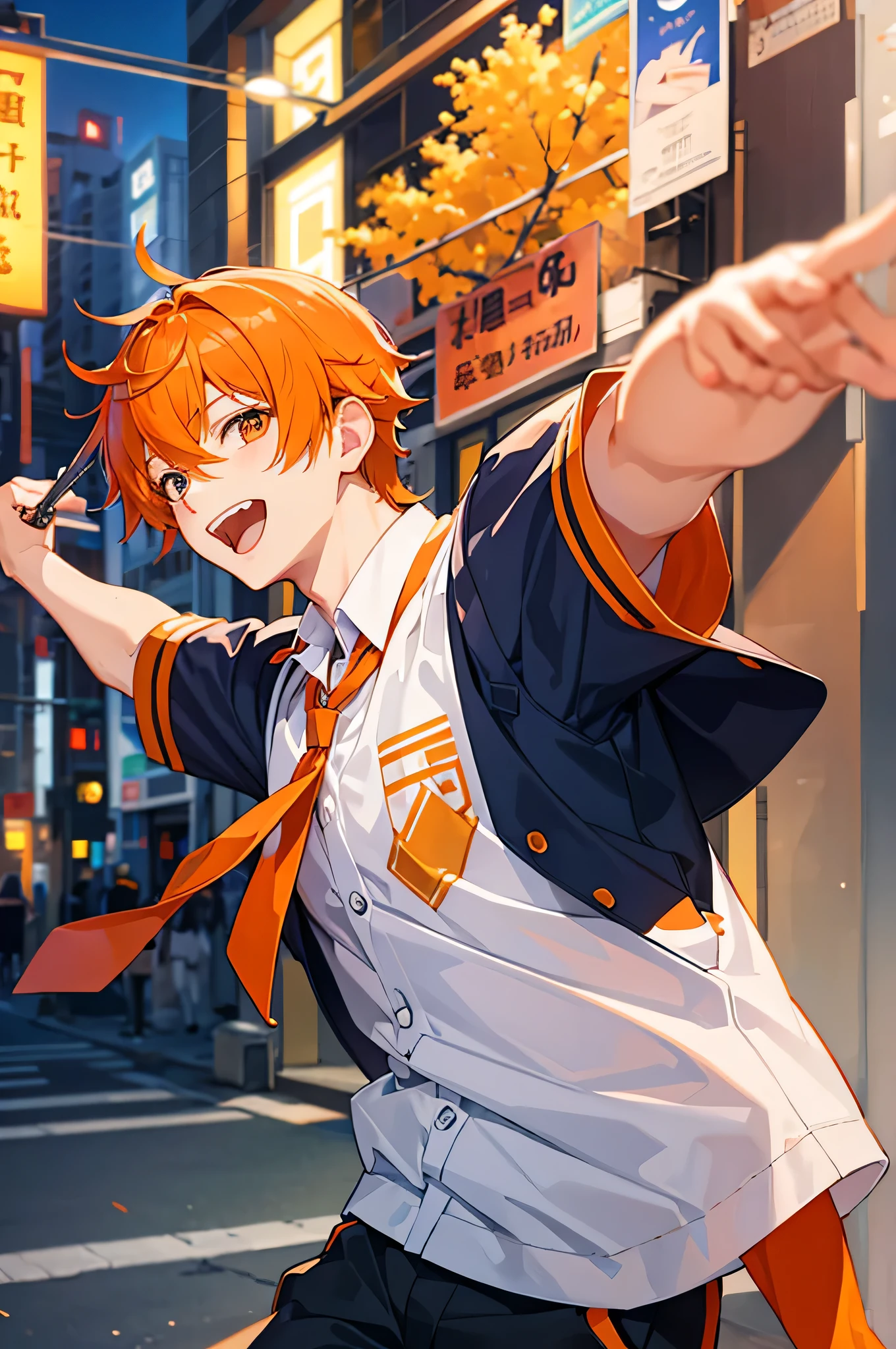 Cheerful high school boy。Orange Hair。night。In front of school