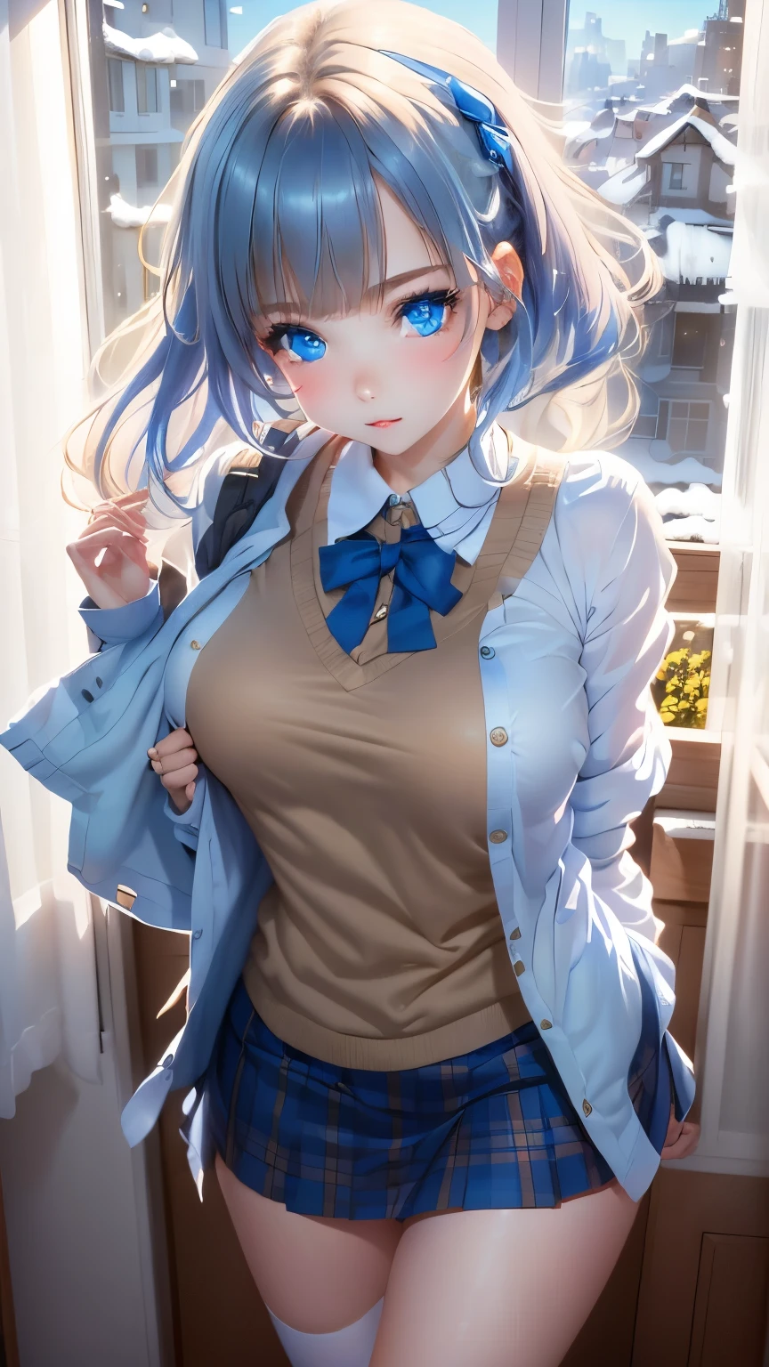 Beautiful girl with blue eyes and a short skirt standing in front of a window, visual of a cute girl, an girl, young girl, girl moe artstyle, cute girl