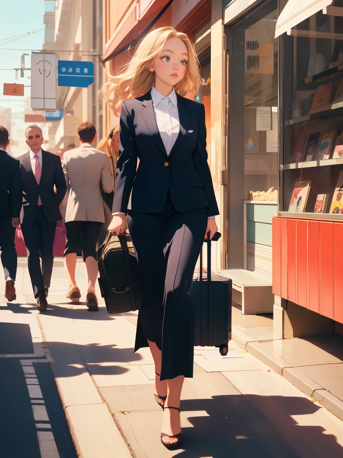 girl in a business suit walking down the street holding a suitcase, city, scenery, illustrated, animated, colorful, beautiful, sydney sweeney, poster