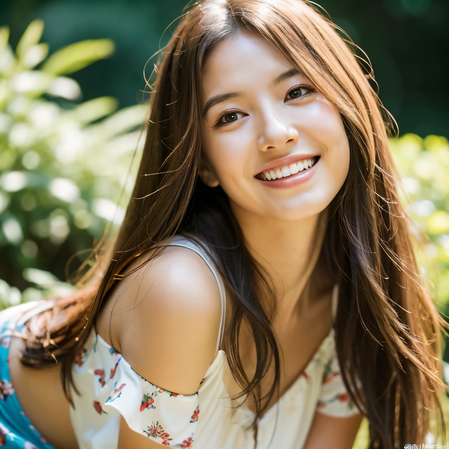 woman posing for a photo, Laugh, Happy, Long hair, Straight hair, finely detailed skin, during the day, Hot summer days, Nature lighting, Detailed face:1.2, Sharp Focus, Hasselblad photo, masutepiece, Light makeup, Cinematic lighting, 4K, Best Quality