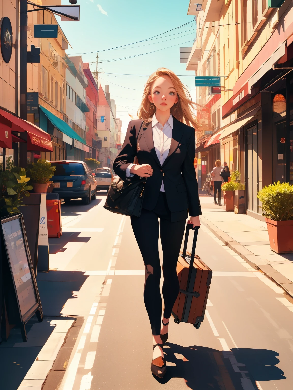 girl in a business suit walking down the street holding a suitcase, city, scenery, illustrated, animated, colorful, beautiful, sydney sweeney, poster