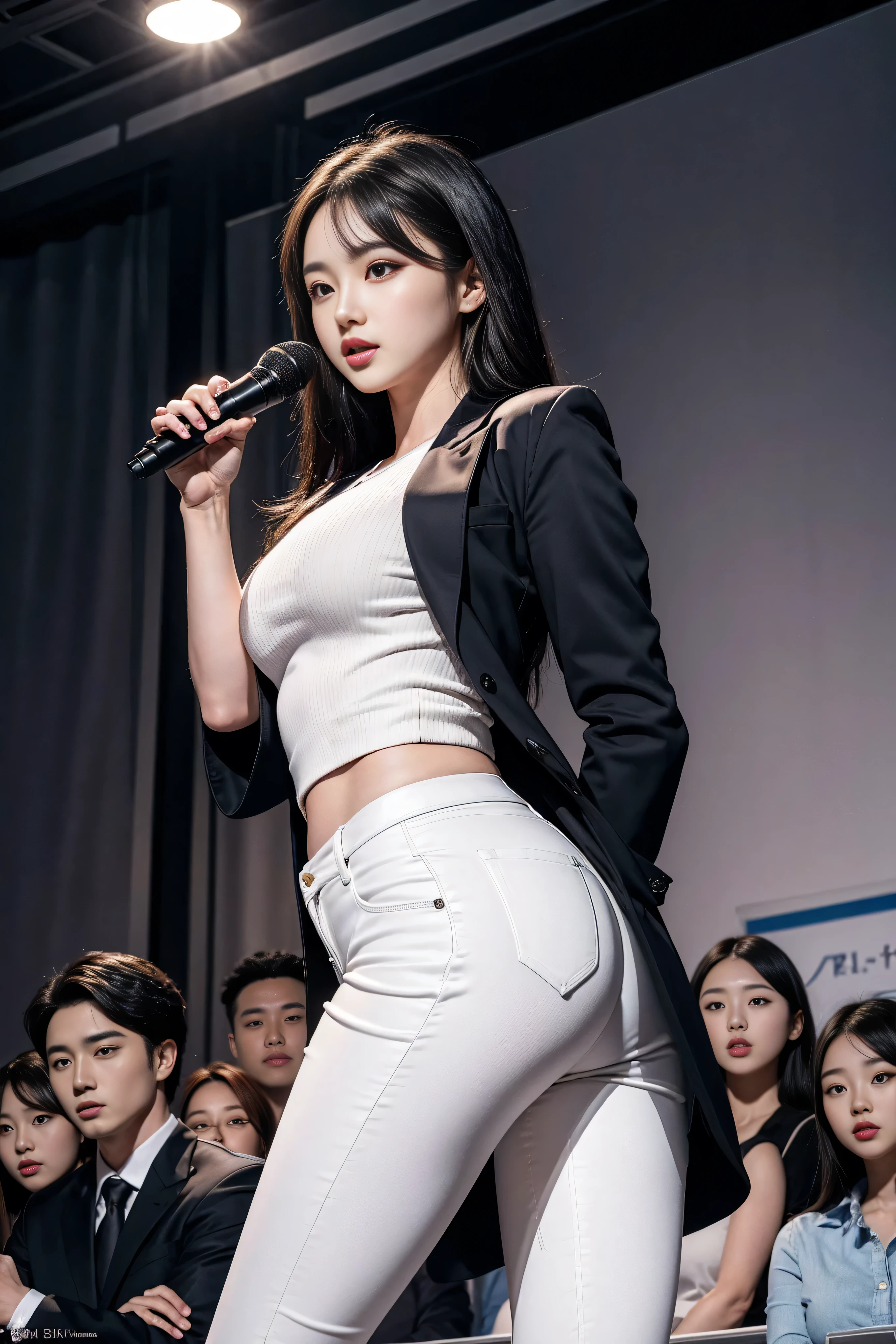 （8k，Highest Quality，masterpiece，practical，Super detailed：1.3），（1 girl，Beautiful Korean girl, Korean pop idol），（Black suit jacket：1.2），（White skinny trousers：1.1），（Serious expression：1.2）discuss，（speech，Handheld Microphone：1.2）（crowd，audience：1.3），Sexy long legs， （Thigh gap：1.5），Wide hips，S-Shaped Body， Hips lifted，，black hair，（Ass Focus：1.1）Shot from behind