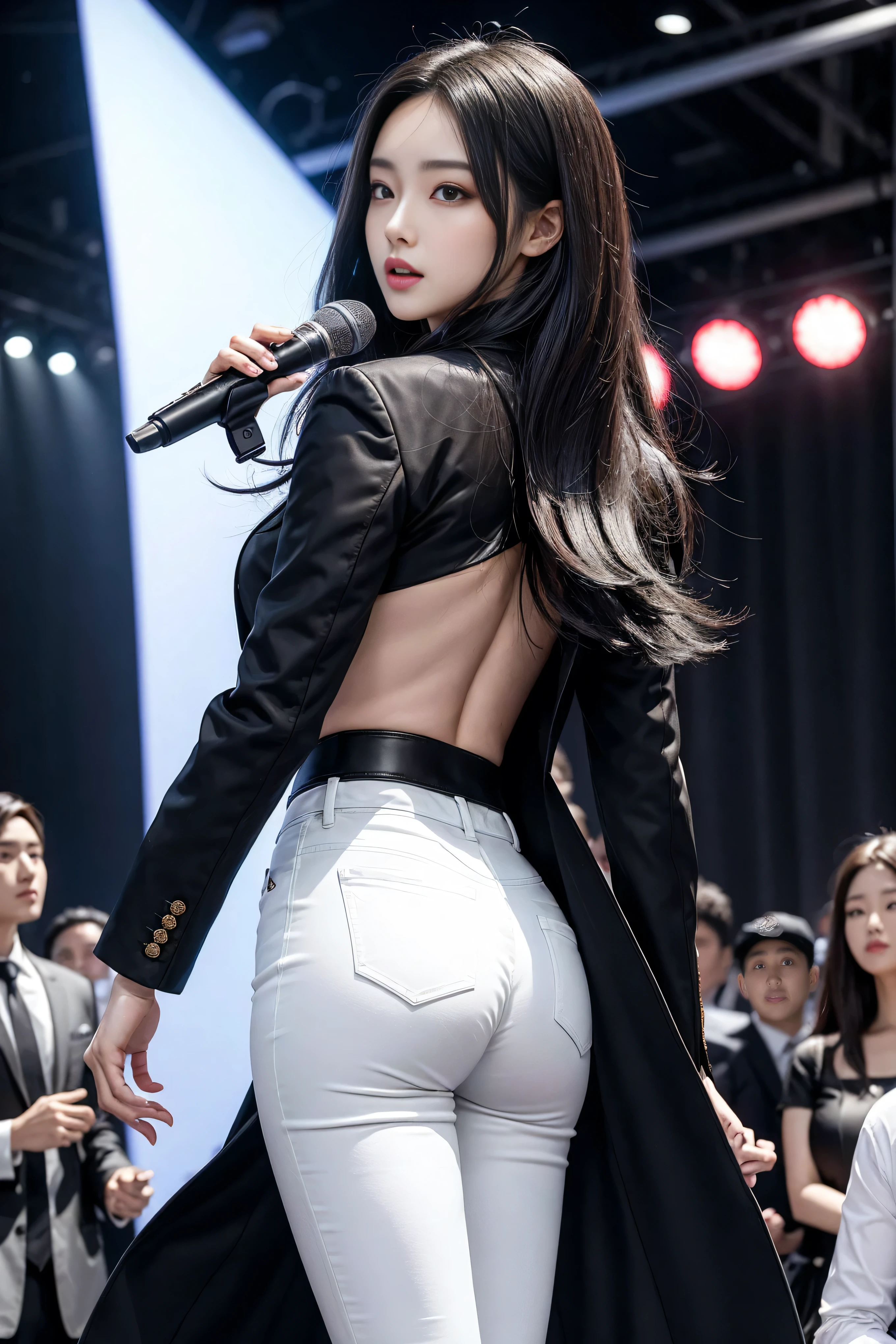 （8k，Highest Quality，masterpiece，practical，Super detailed：1.3），（1 girl，Beautiful Korean girl, Korean pop idol），（Black suit jacket：1.2），（White skinny trousers：1.1），（Serious expression：1.2）discuss，（speech，Handheld Microphone：1.2）（crowd，audience：1.3），Sexy long legs， （Thigh gap：1.5），Wide hips，S-Shaped Body， Hips lifted，，black hair，（Ass Focus：1.1）Shot from behind