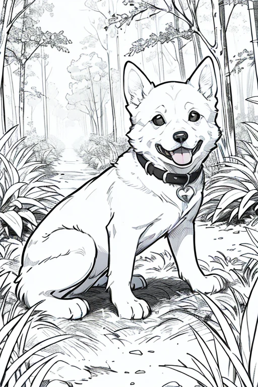 Design style drawing "Bobbie Goods", white dog playing in a forest, drawing style well defined black lines, rostros bien definidos, estilo libro para colorear, sin color de fondo, apto para colorear. Sin personas. line art
