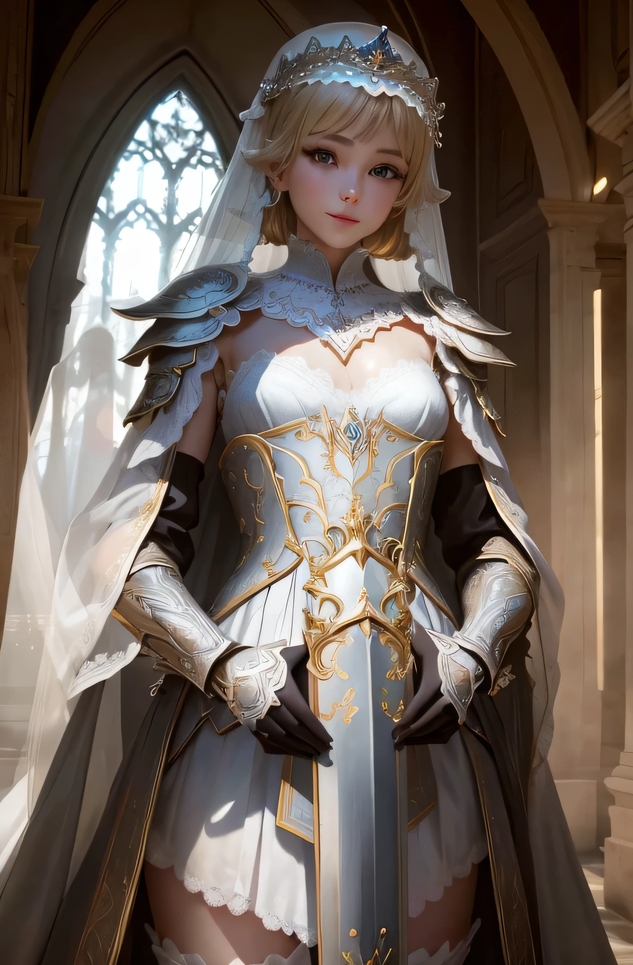 8K、Real Photo、Ultra-high resolution, Master Part, Best Quality, Ticker , Cinematic images,Amazingly cute girl、14talent、Anglo-Saxon、double eyelid、Droopy eyes、Very big eyes、Dark eyeshadow、The lips are very thin、The muscles of the nose stretch beautifully、Small nose tip,,,,, Very detailed , Blonde、Straight short hair、Smile、 Sweet expression 、Very beautiful woman、Long legs、 Very clear shadows , jewelry , sexy , Detailed eyes, Very complex, Glossy Skin , Perfect Brilliant, Perfect Lighting, Dramatic Shadows ,White tiara on head、Steel Armor、Small white angel wings behind shoulders 、Lace white gloves、Sword in hand、White see-through veil from the back of the head