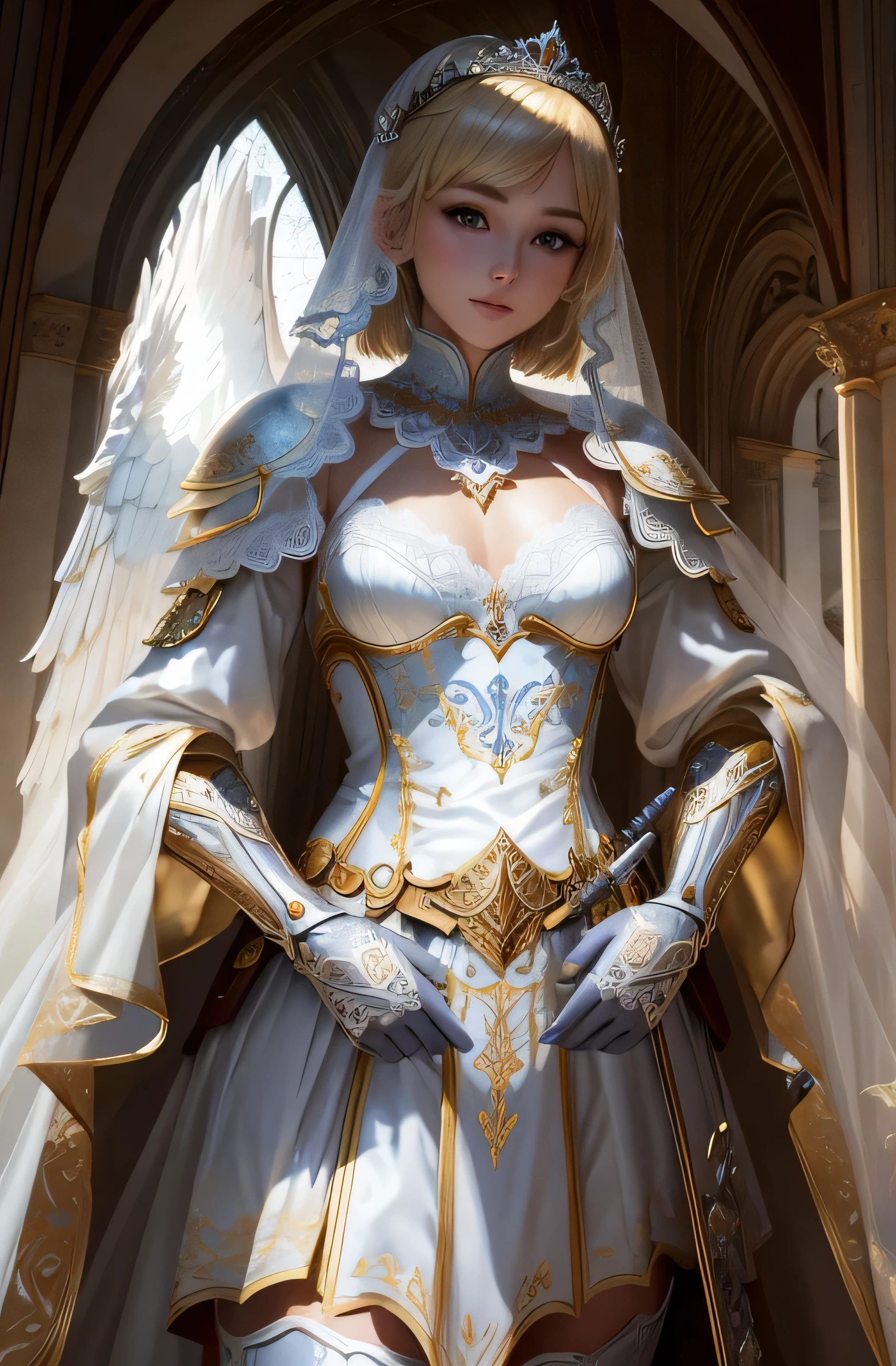 8K、Real Photo、Ultra-high resolution, Master Part, Best Quality, Ticker , Cinematic images,24talent、Anglo-Saxon、double eyelid、Droopy eyes、Very big eyes、Dark eyeshadow、The lips are very thin、The muscles of the nose stretch beautifully、Small nose tip,,,,, Very detailed , Blonde、Straight short hair、Smile、 Sweet expression 、Very beautiful woman、Long legs、 Very clear shadows , jewelry , sexy , Detailed eyes, Very complex, Glossy Skin , Perfect Brilliant, Perfect Lighting, Dramatic Shadows ,White tiara on head、Steel Armor、Small white angel wings behind shoulders 、Lace white gloves、Sword in hand、White see-through veil from the back of the head