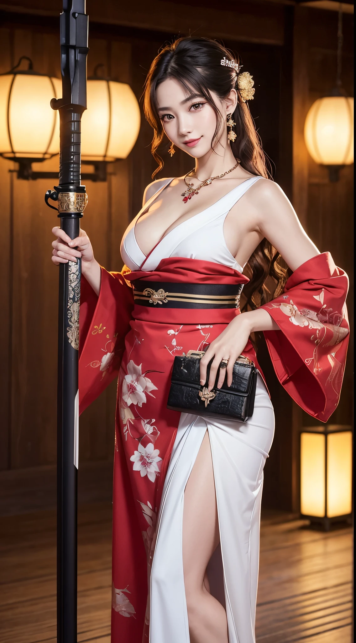 8K Ultra HD, Digital SLR,Film Grain, Fujifilm XT3,(highest quality:1.3), (masterpiece:1.1), High resolution, Cinematic Light, White Long Sword　Holding a Japanese sword,Intricate details, (Realistic) (Night view) Realistic backlight、ドラマチックなredトーンの光、Beautiful Japanese Geisha full body photo, ((Facial texture Pore details)), Grin、悪魔のようなsmile, Simple messy hairstyle, 伝統的な龍のモチーフが描かれたサテンの黒いkimonoを着て, Open shoulders, Colorful dragon tattoos all over the body, Long Blade, Inside a traditional villa,白い柄のHolding a Japanese sword,, 8k, Front blur,Ultra HD, Digital SLR,Film Grain, Fujifilm(8k, highest quality, masterpiece:1,2), (Realistic, Realistic:1.37), Very detailed, One Girl,), (Very detailed), (Detailed and beautiful eyes), (highest qualityの), (Very detailed ), (masterpiece), (Detailed face),woman((19 years old)), hair((red, Wavy, length)), eye ((red eye, big eye)), Clothes((kimono，big slit, redい花柄)), accessories ((Earrings, necklace)), Huge breasts, big , smile, background,長いhair，Red Clothes，Cowboy Shot