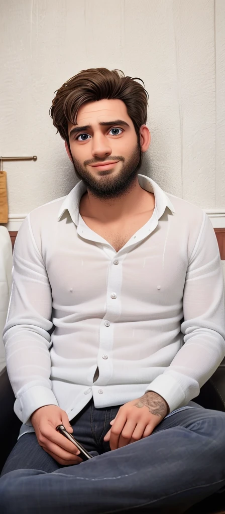 A sexy handsome arabic man in a cafe, sitting , homoerotic, handsome face, gorgeous hair, fashionable clothes , nsfw, homoerotic ,penis,(slightly curly hair: 0.2), breast