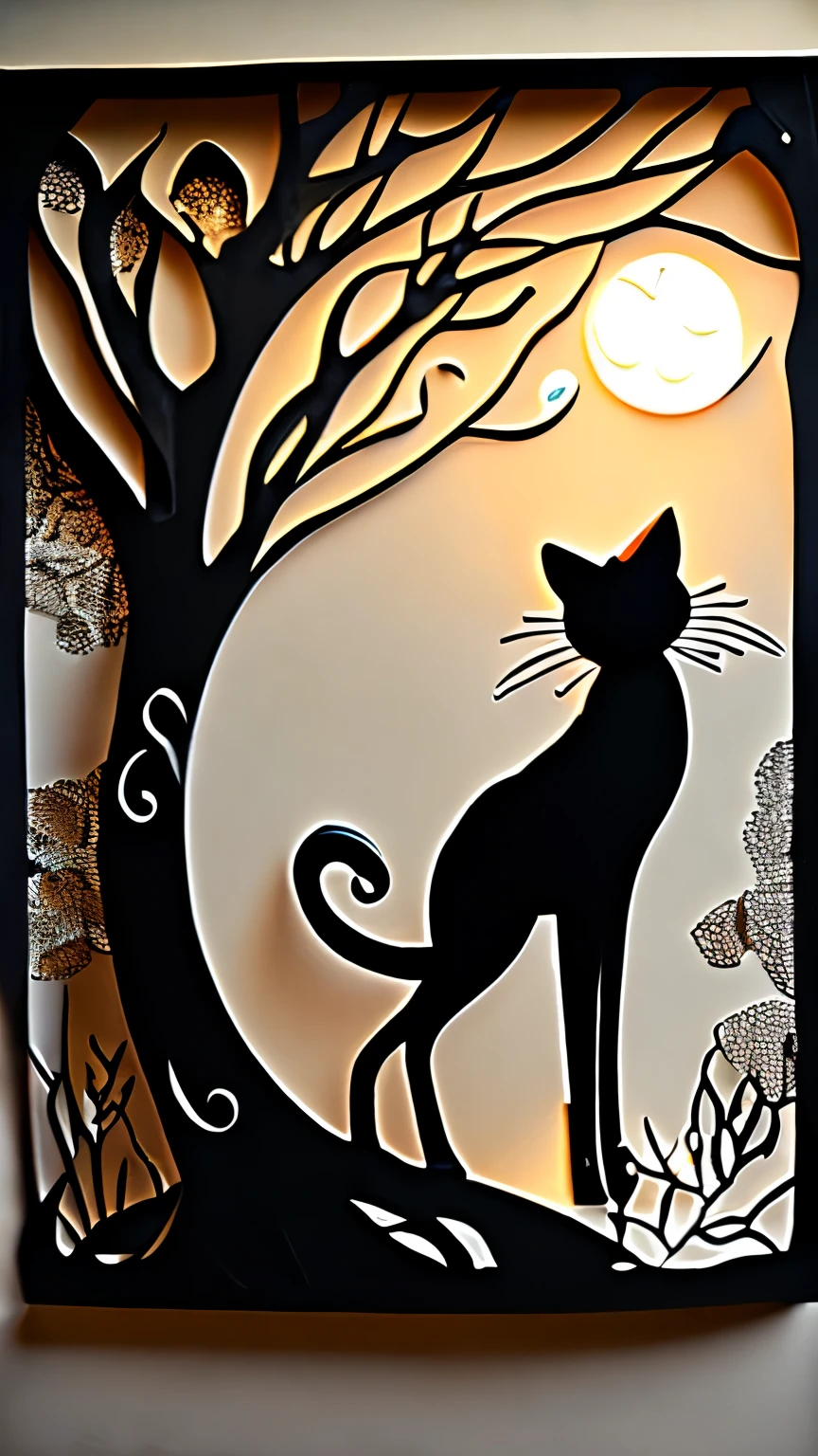 fusion of paper cutting and shadow puppetry, best quality, super fine, 16k, incredibly absurdres, extremely detailed, delicate and dynamic, monochrome, stained glass, girl and cat, smile sun, smile moon, backlighting, special image effects, symbolist artwork