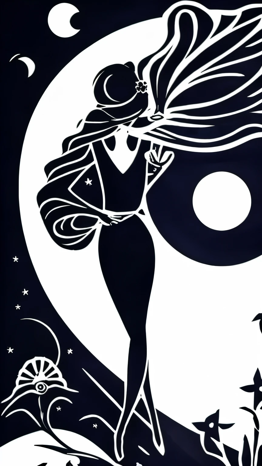 fusion of paper cutting and shadow puppetry, best quality, super fine, 16k, incredibly absurdres, extremely detailed, delicate and dynamic, monochrome, stained glass, girl with cat, smile sun, smile moon, backlighting, special image effects, symbolist artwork