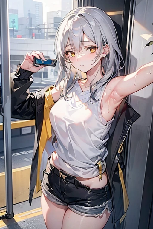 (extremely detailed CG unity 8k wallpaper),(masterpiece),(best quality),(ultra-detailed),(best illustration),long gray hair,golden eyes,sweat,sweaty,white blouse,sleeveless,jacket tied around waist,black denim shorts,looking at phone,using phone,side angle,inside moving train,window showing armpits,holding onto handle strap