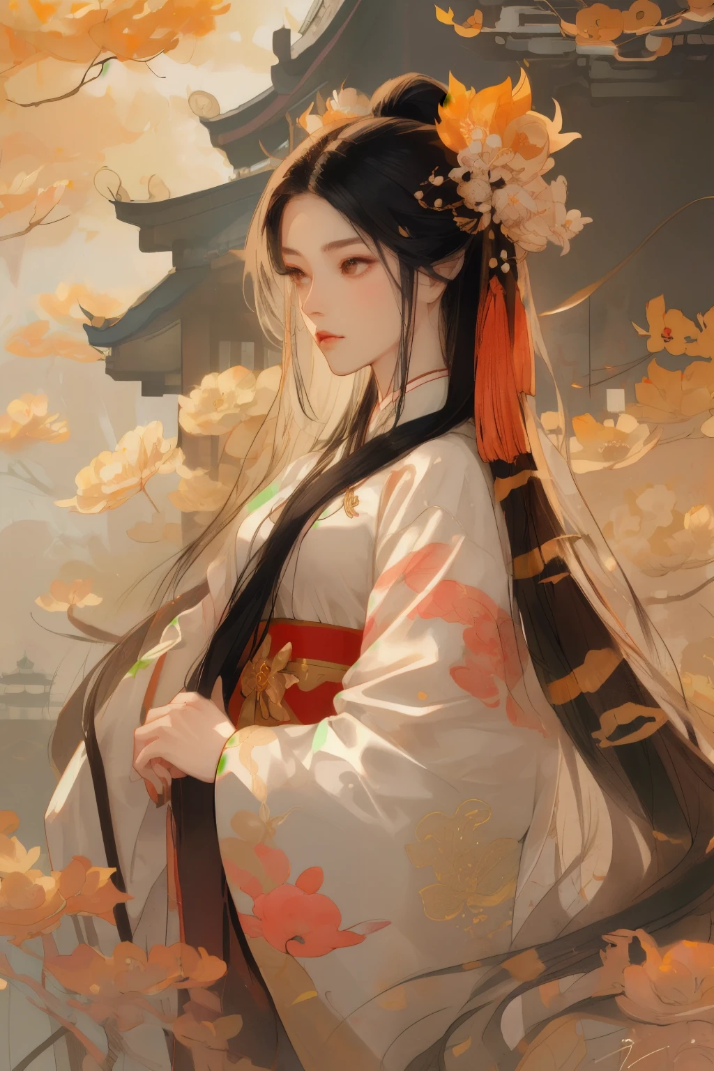 A woman with long black hair，Wearing Hanfu，Delicate face，Gold and silver hairpin，Slightly sideways looking into the distance，chinese classic garden，Chinese Clothing，Peach Blossom Forest，Half Body，A sad look，Gorgeous clothes and headdresses，Ming Dynasty Hanfu，Gold and silver hairpin with phoenix pattern