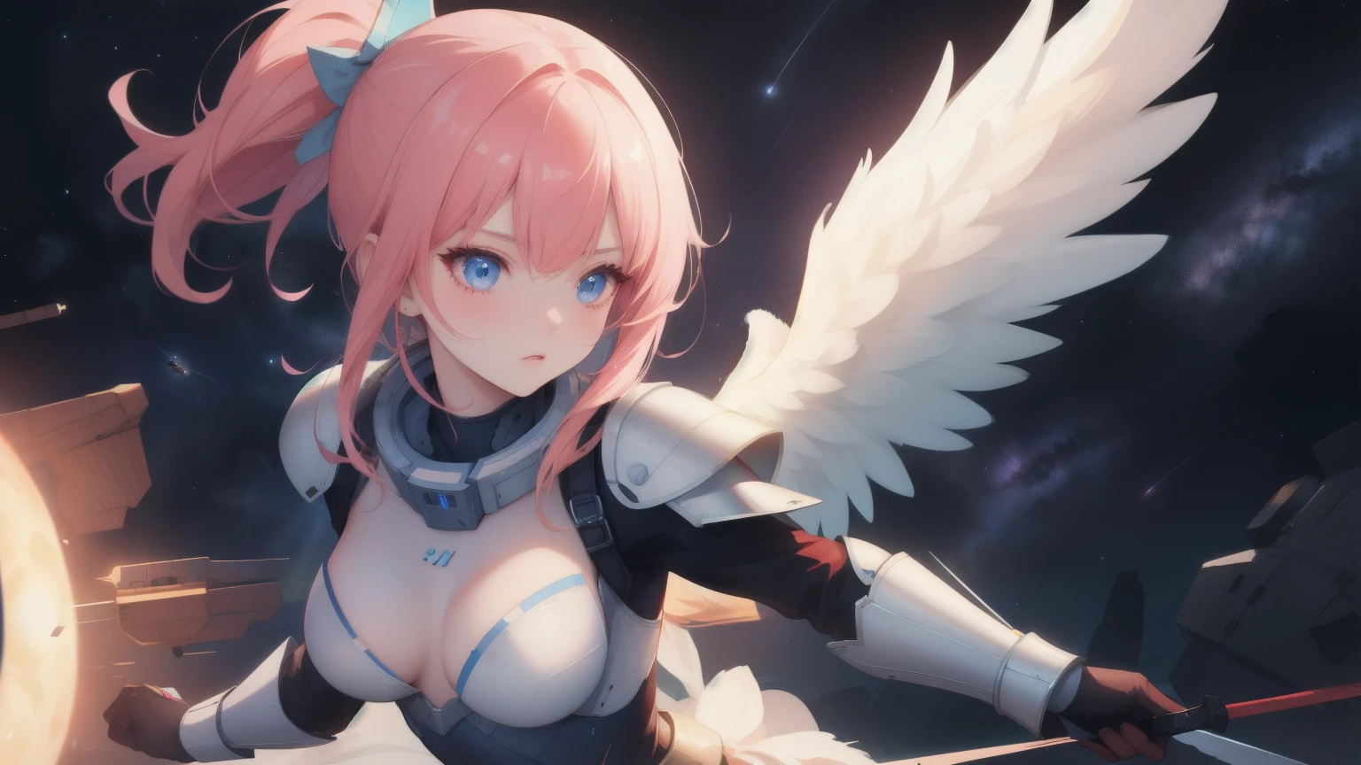 8K,2 d game。mobile game,Fighting girl in armor。Holding weapons,Angel Maiden。Space station in the background。