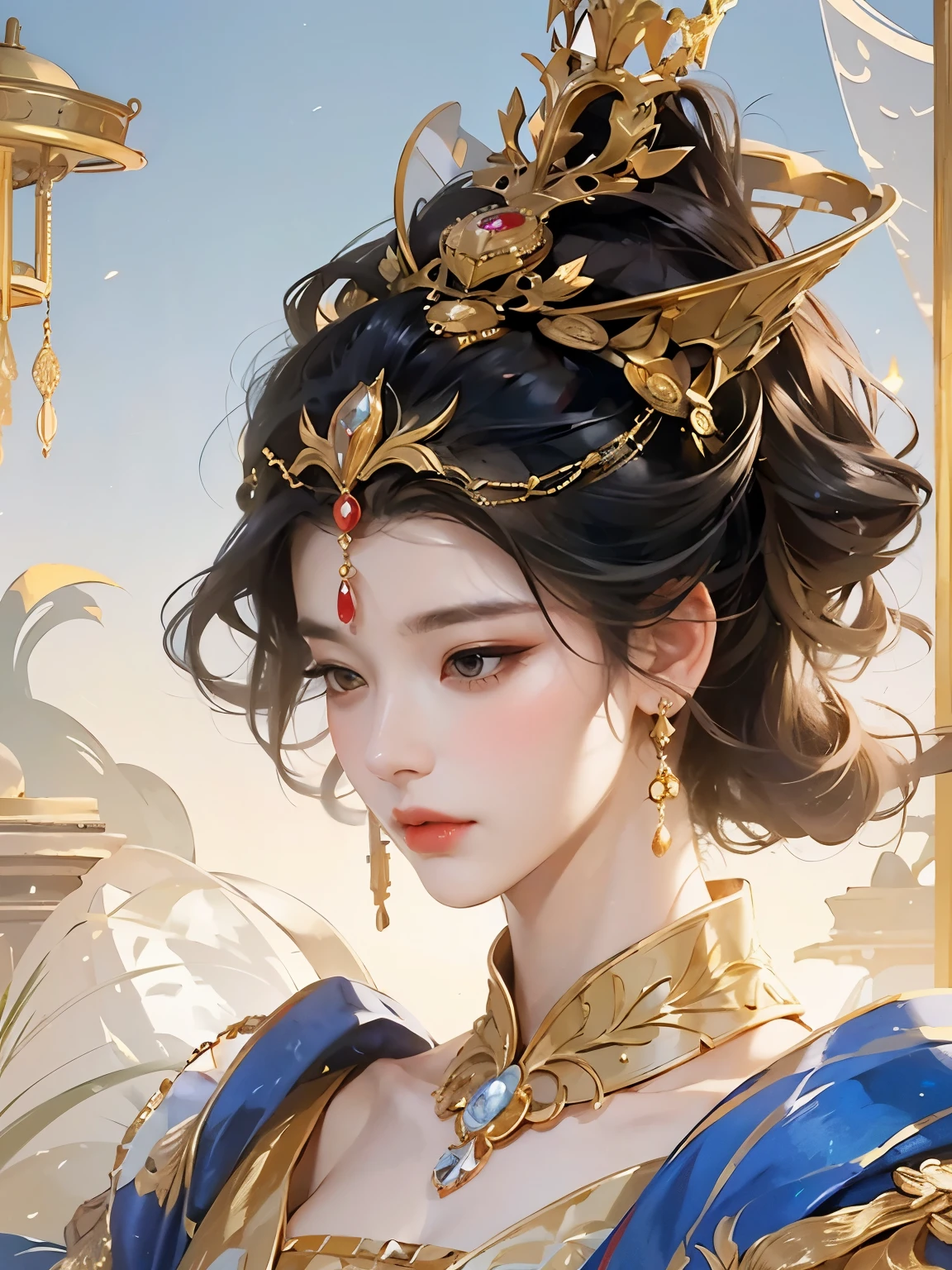A bust,Empress,crown,Black hair,Gold, red and white color,Beautiful and delicate face