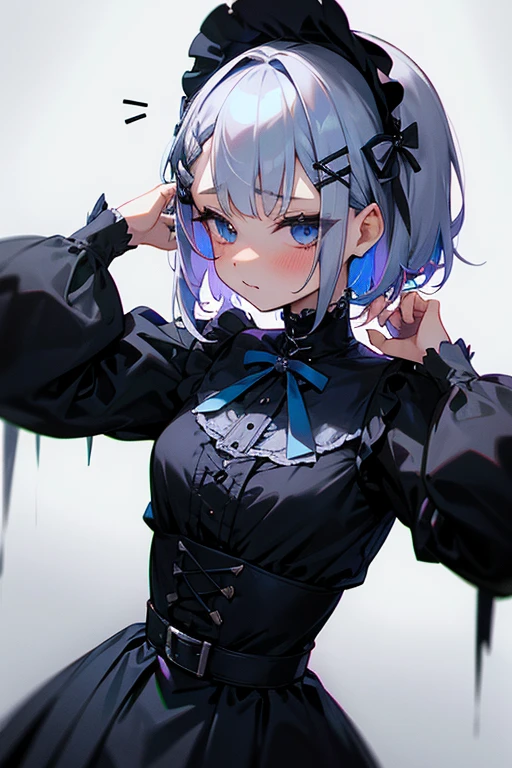 Short white hair, blush, Gothic Lolita、Punk Fashion、Headbang 2.、Blue and black clothes、Braiding、2 hair clips
