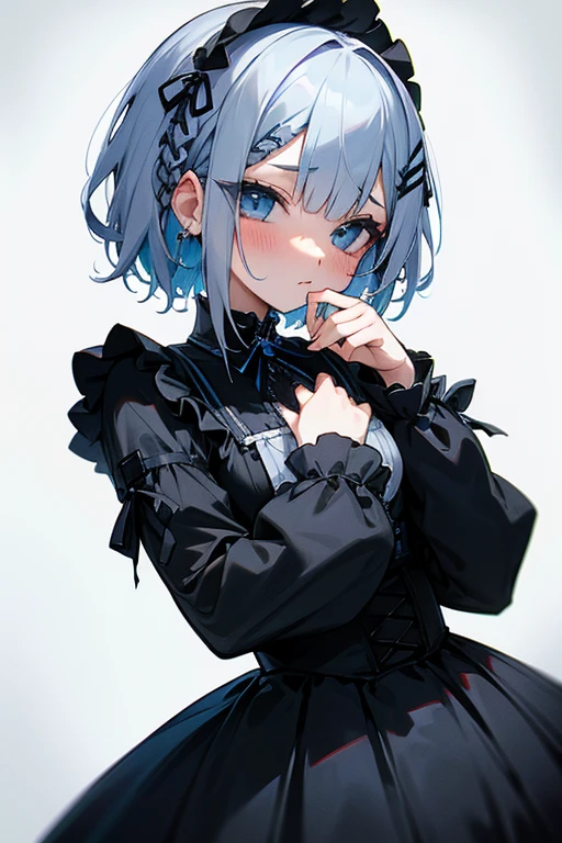 Short white hair, blush, Gothic Lolita、Punk Fashion、Headbang 2.、Blue and black clothes、Braiding、2 hair clips