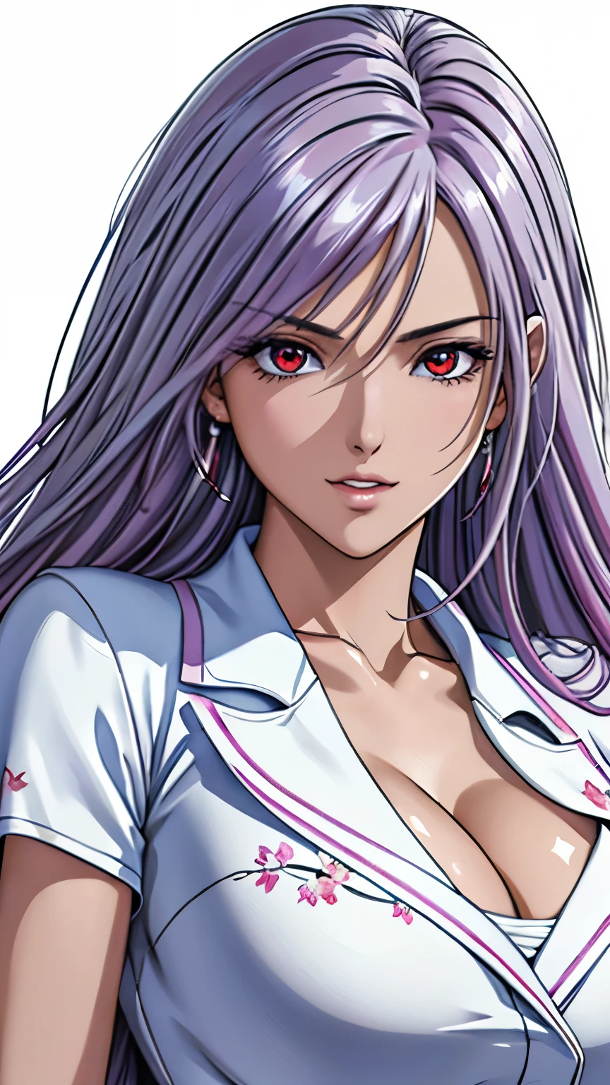 red eyes with slit pupils, (highest quality, masterpiece painting:1.3), immature woman, , (half body shot), masterpiece, ultra high resolution, (Photoreal:1.0), ((light purple hair)),straight hair, beautiful shining hair, white and shining skin, ((Ultra realistic details)), octane rendering, highly detailed face, (big breasts:0.8), (make a heart with hands), （(Translucent white robe),  (pink feather robe,Layering), White cherry blossom embroidery pattern, silver earrings,（milky way galaxy), Hair flutters under the influence of the wind, open neckline, cleavage, perfect body, soft skin, White cherry blossom embroidery pattern, silver earrings, (pure white background:1.4), sharp focus, intricate details, professional artwork, (bright colors:1.1), bright colors, diffused lighting, digital blending, ultra-definition body, ultra detail hair, super detailed face, trending on pixiv, top button open, Cute gaze, compensate, perfect lips, perfect compensate, Ultra-precision coating, (light_smile:0.8),