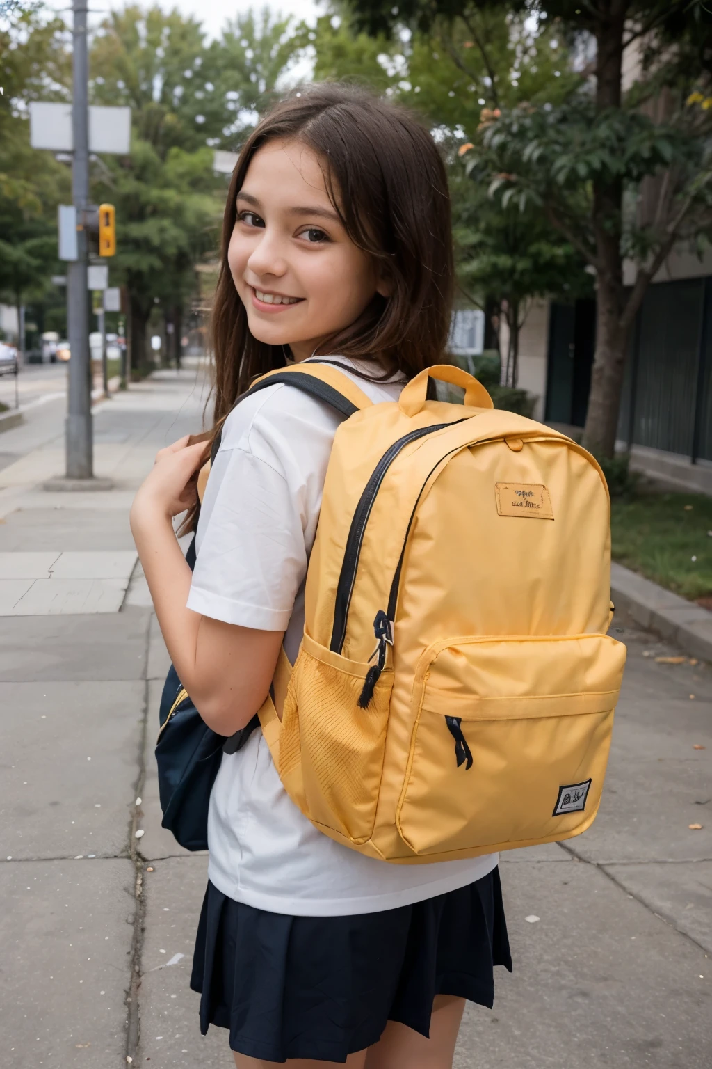 An 11-year-old  is wearing a school backpack. They are standing outside, possibly on their way to school, with a cheerful expression. The  is dressed in casual school clothes and the backpack is brightly colored, filled with books and supplies. The background shows a typical school setting with trees, a sidewalk, and a clear sky, creating a lively and energetic atmosphere