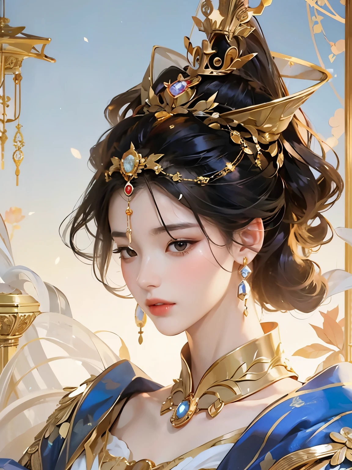 A bust，Empress，crown，Black hair，Gold, red and white color，Beautiful and delicate face
