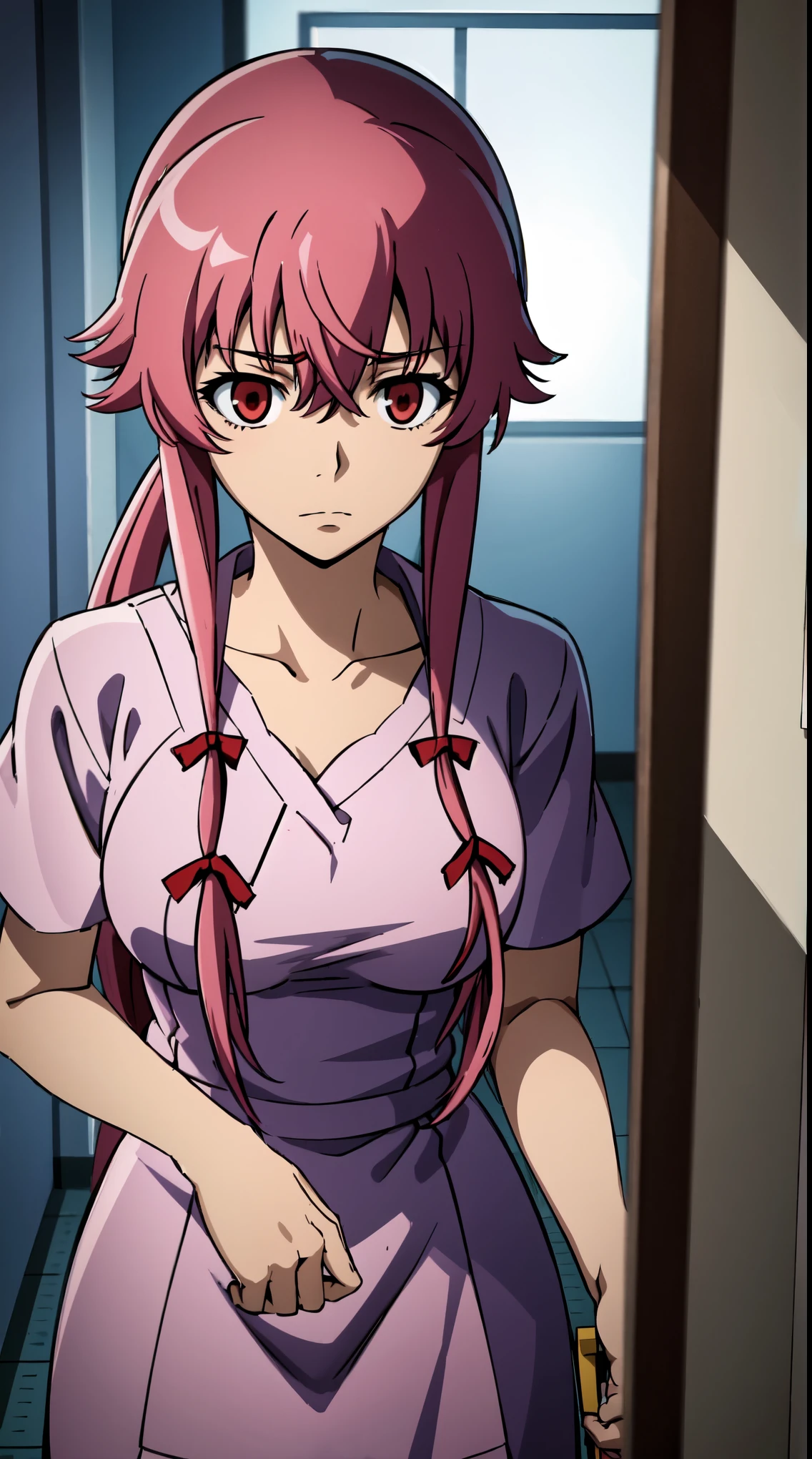 Gasai Yuno with large breasts and red eyes, wearing a hospital gown, depicted in a psychiatric hospital setting amidst insanity, framed within a padded room. Express the theme of asylum in a vivid and intense art style. Utilize camera settings to capture high detail and intensity.