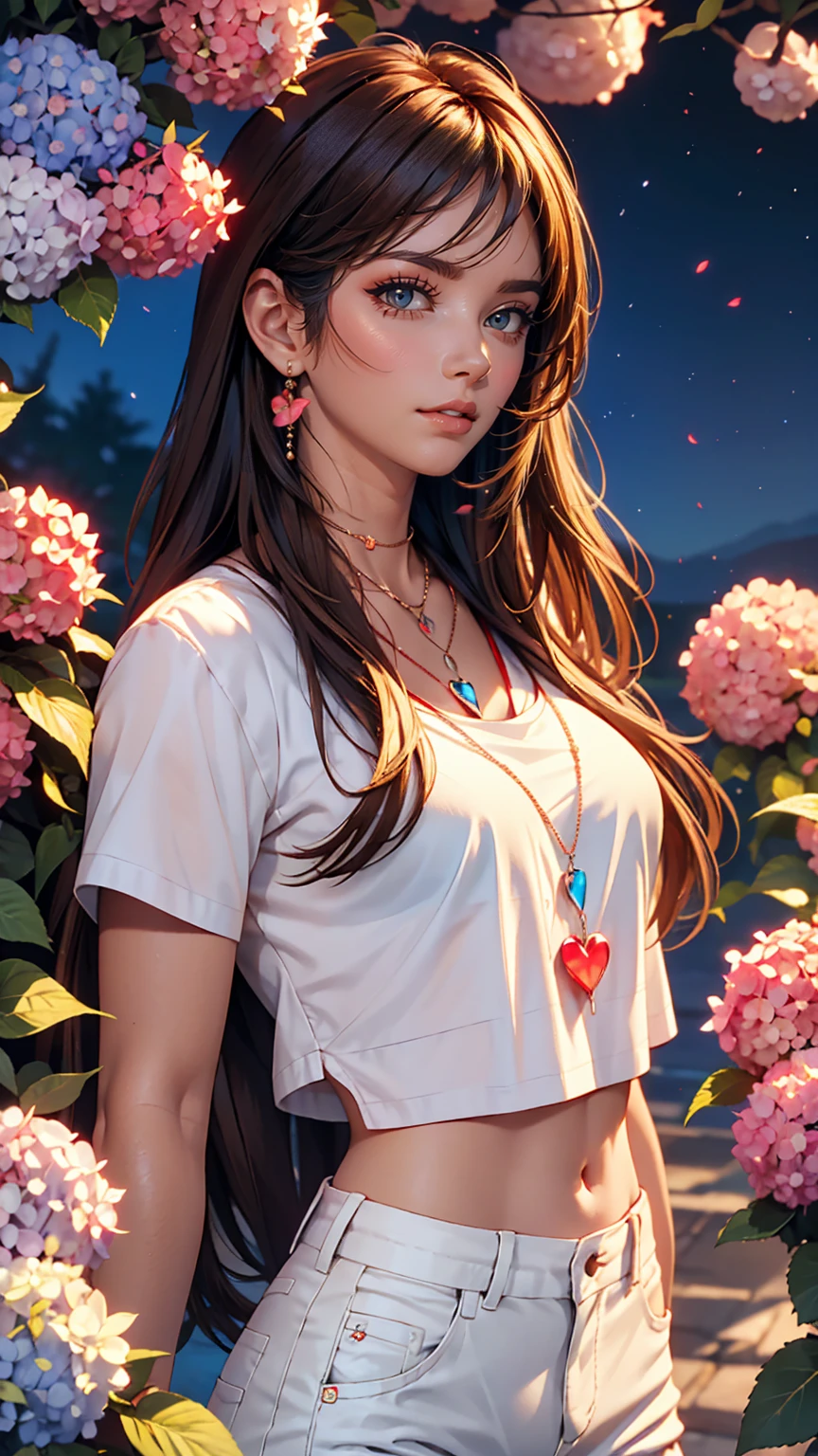 4K, June scenery, Beautiful woman, Long Hair, Brown Hair, Medium chest, blue eyes, White shirt, hot pants, Neon Red Heart Necklace, View Viewer, night, Multicolored hydrangea