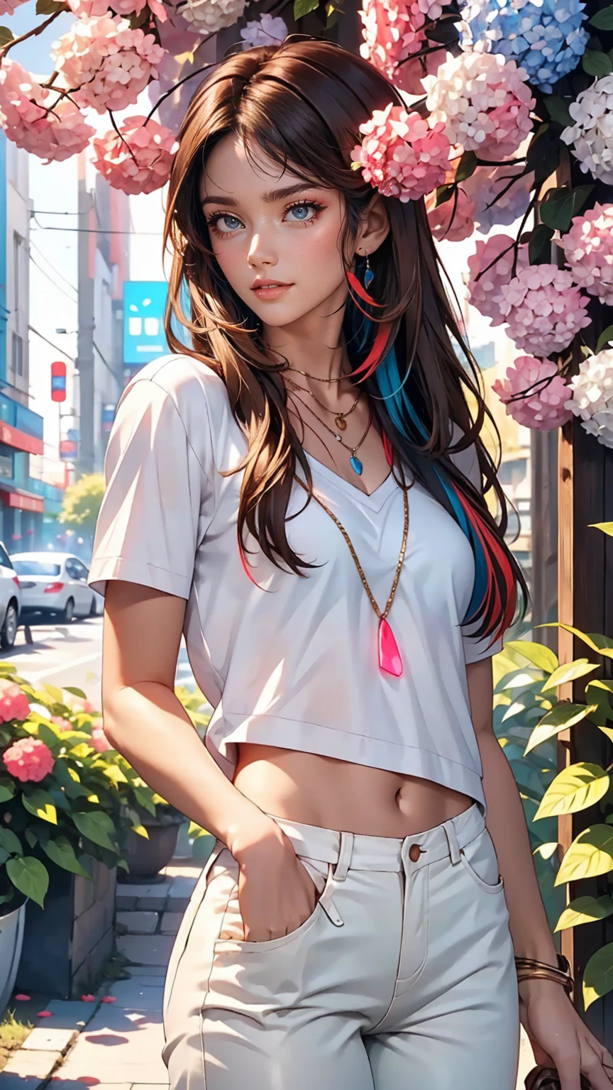 4K, June scenery, Beautiful woman, Long Hair, Brown Hair, Medium chest, blue eyes, White shirt, hot pants, Neon Red Heart Necklace, View Viewer, night, Multicolored hydrangea