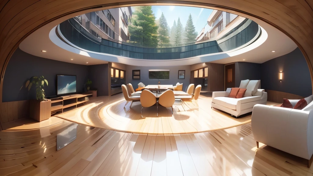 insanely detailed wide-angle architecture photography, cozy modern living Room, Light and shadow intertwine, award-winning futuristic technology Internal design, architecture, furniture, Internal, architecture, living Room, Room, carpet, plant, Home Decoration, sofa, Chair, Internal design full of futuristic technical style, Surrealism, Art Deco, Internal architecture, Glowing lights, First-person perspective, Wide-angle lens, panoramic, 135 mm, Ultra HD, High Detail, 8K, high resolution