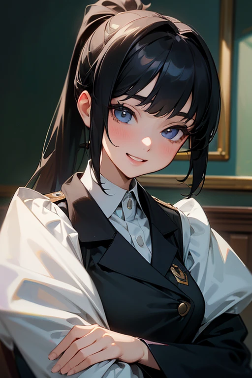 ponytail、(Highest Resolution, clear_image) highest quality, Single person, One woman, alone, masterpiece, Very detailed, Semi-realistic, Black Hairのショートヘア, Black Hair, bangs, 18-year-old, mature, light blue uniform, uniform, Indoor Background, kind, Authoritative, Powerful, exquisite features, exquisite features、Eyelashes become longer、Showing teeth、smile😀、Maid clothes、woman&#39;Fingers in the、Sleeping on the sofa、Long Hair、Fluttering in the wind、Cleaning in progress、Navy blue clothes、ponytail、