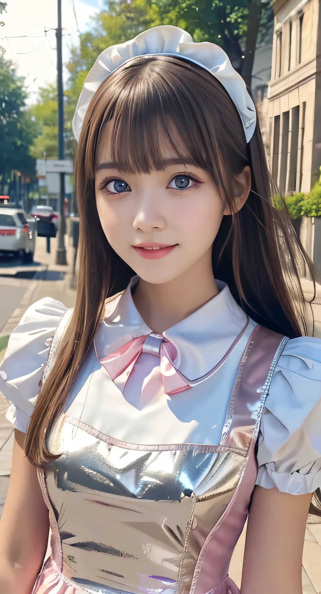 Angelic very beautiful cute young girl,
Beautiful detailed eyes, (5 yo:1.2),
Detailed double eyelids,
(Soft Saturation: 1.3), 
(Fair skin: 1.3),v-line jaw,
(Large eyes:1.4),
Long straight brown hair, 
see-through bangs,
Sharp Focus,
beautiful detailed face and eyes, 
drooping eyes,
small straight nose,
small mouth, 
happy smiling with visible teeth, 85mm lens, F/8.0,BREAK (Super shiny white and metallic pink maid costume :1.3),Walking,Brown hair ,(Costumes with strong reflective surfaces:1.3),
(Best Quality:1.2),(Maid costume:1.5),
Raw photo, 
High resolution, 
perfect  detail, 
Professional Photography, 
Professional Lighting,
Powerful lighting of the costume,In the street