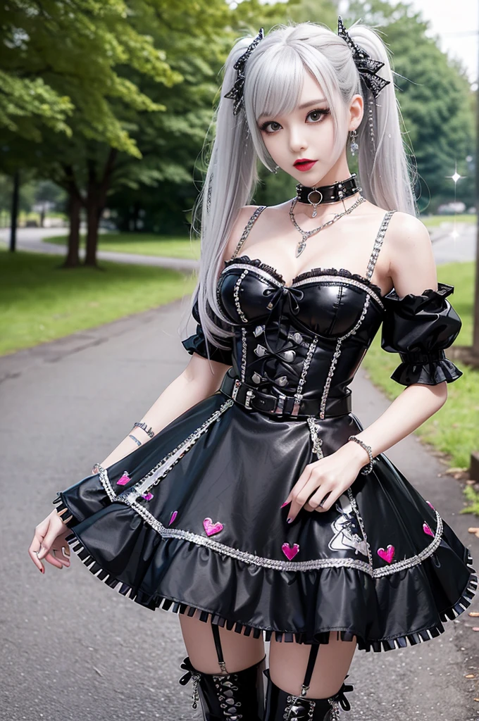 sexy stylish female model, only 1 female, ((doll-like appearance)), long colorful stylish hair, ((shiny Punk-Style boots)), (big smile), ultra detailed eyes, Punk makeup, lipgloss, ((sexy Punk Lolita cosplay)), unconventional skirt, petticoats, high neckline, ((ultra detailed lace)), ((ultra detailed embroidery)), intricate details, tartan patterns, (silver chains), (silver spikes), (safety pins), Punk Lolita accessoires, Punk Lolita choker, ((large sparkling Punk Lolita jewelry)), cinematic light, detailed large park background with trees