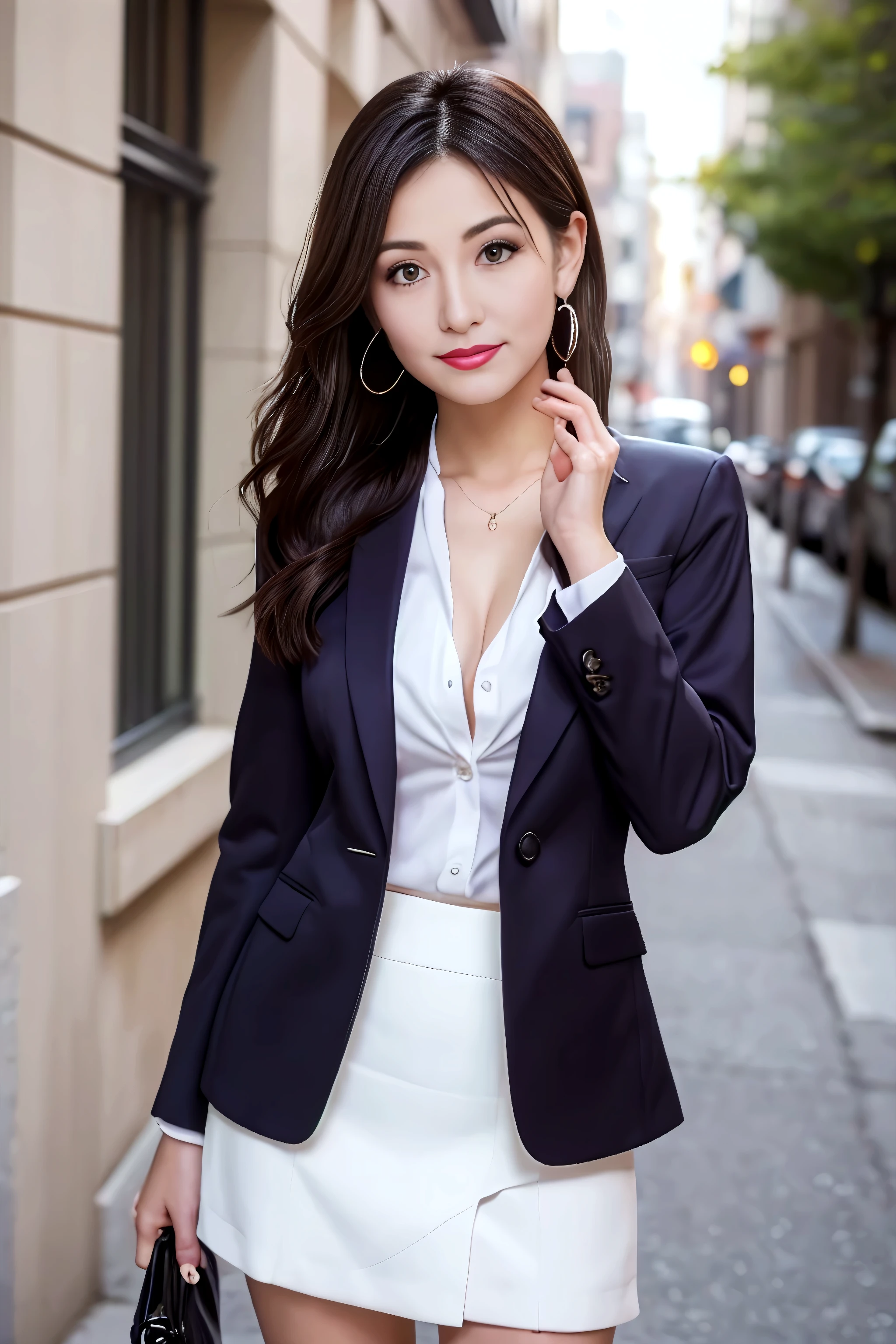 a 19 year old girl, she is the most beautiful actress in the world, the perfect body proportions of this girl, the formal shirt under the tight blazer is directly worn on her large breasts, her crotch just between her bare legs are hardly hidden by the short skirt, her body looking straight to viewer of this photo, she is standing straight at the street, nsfw, best quality, highly detailed, masterpiece, ultra high res, photo realistic, 8k, RAW photo