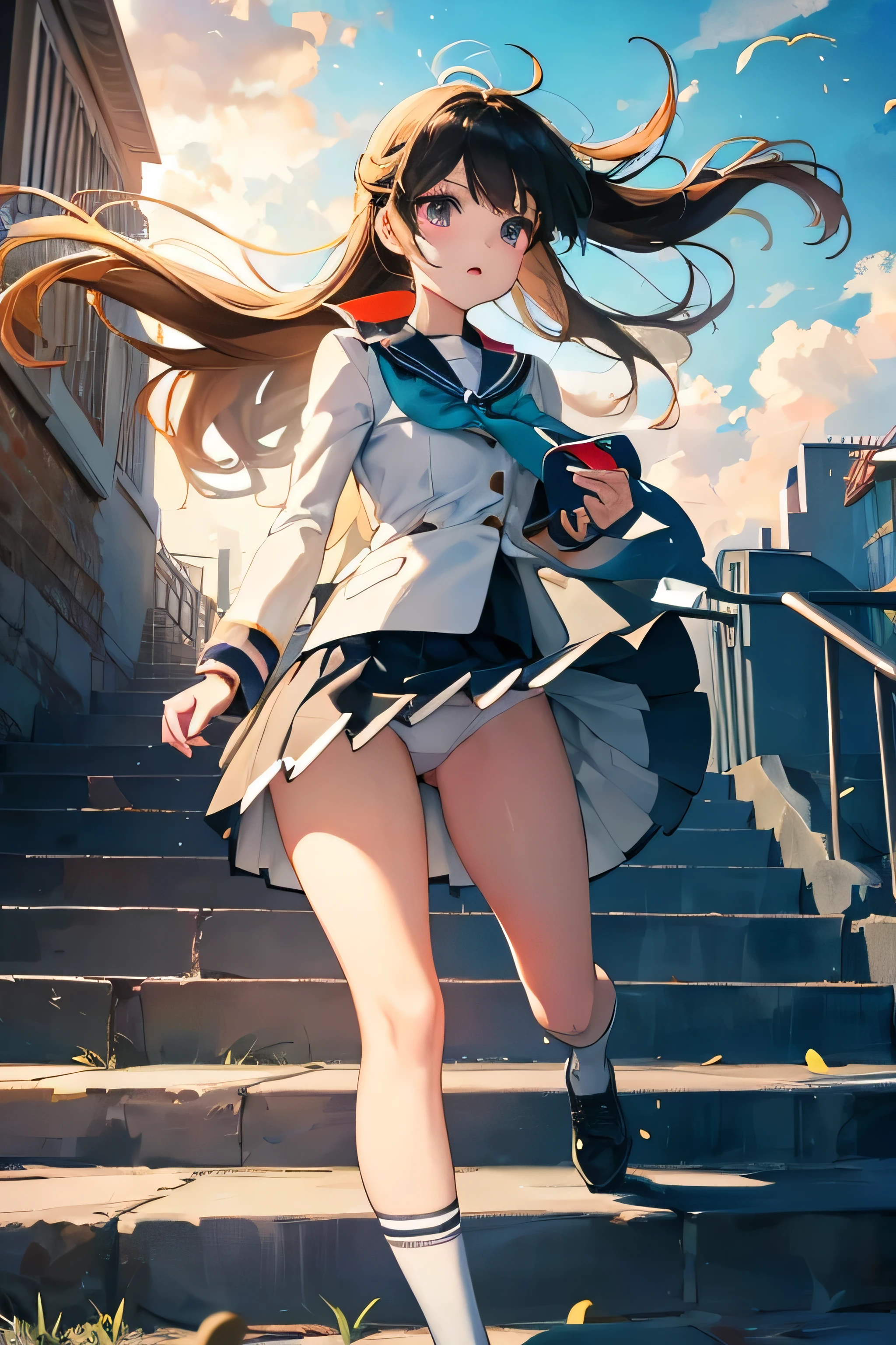 The wind is blowing up my skirt。Running up the stairs。Anime uniform girl。The lining of the skirt is visible。White underwear is visible。Pokemon Girl。Low - Angle。The wind is blowing up my skirt。The wind is blowing up my skirt。