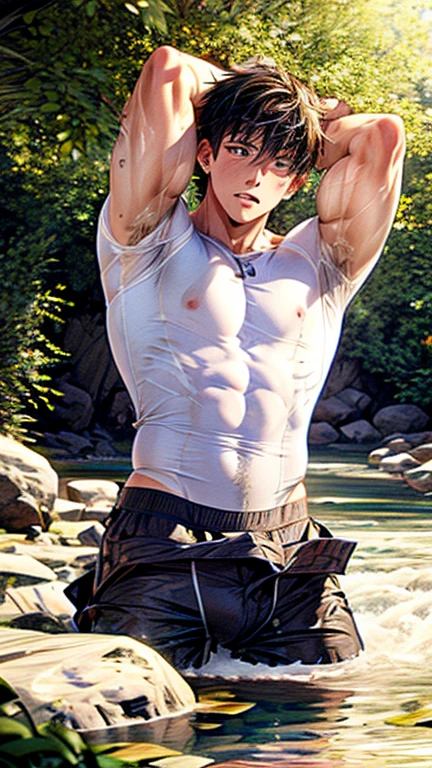 A boy scout spies on a muscular man leader changing clothes after swimming in the river, nature, muscles glistening in the sun, surprised expression, masterpiece, art, pin-up sketch 