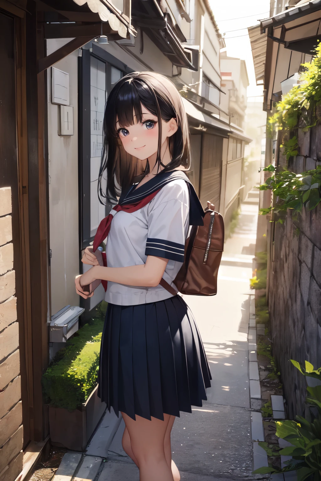 very cute and beautiful girl,(highly detailed beautiful face),(smile),blush,shy,looking at viewer,
black hair,serafuku,(pleated navyblue mini skirt),standing,holding school bag,
narrow alley in tokyo,stone wall in front of modern building,trees,shrubbery,
(best quality,masterpiece),absurdres,highres,ultra-detailed,extremely detailed,32k,8k resolution,
intricate details,cinematic scene,detailed background,solo,dynamic angle,(realistic),perfect hands,