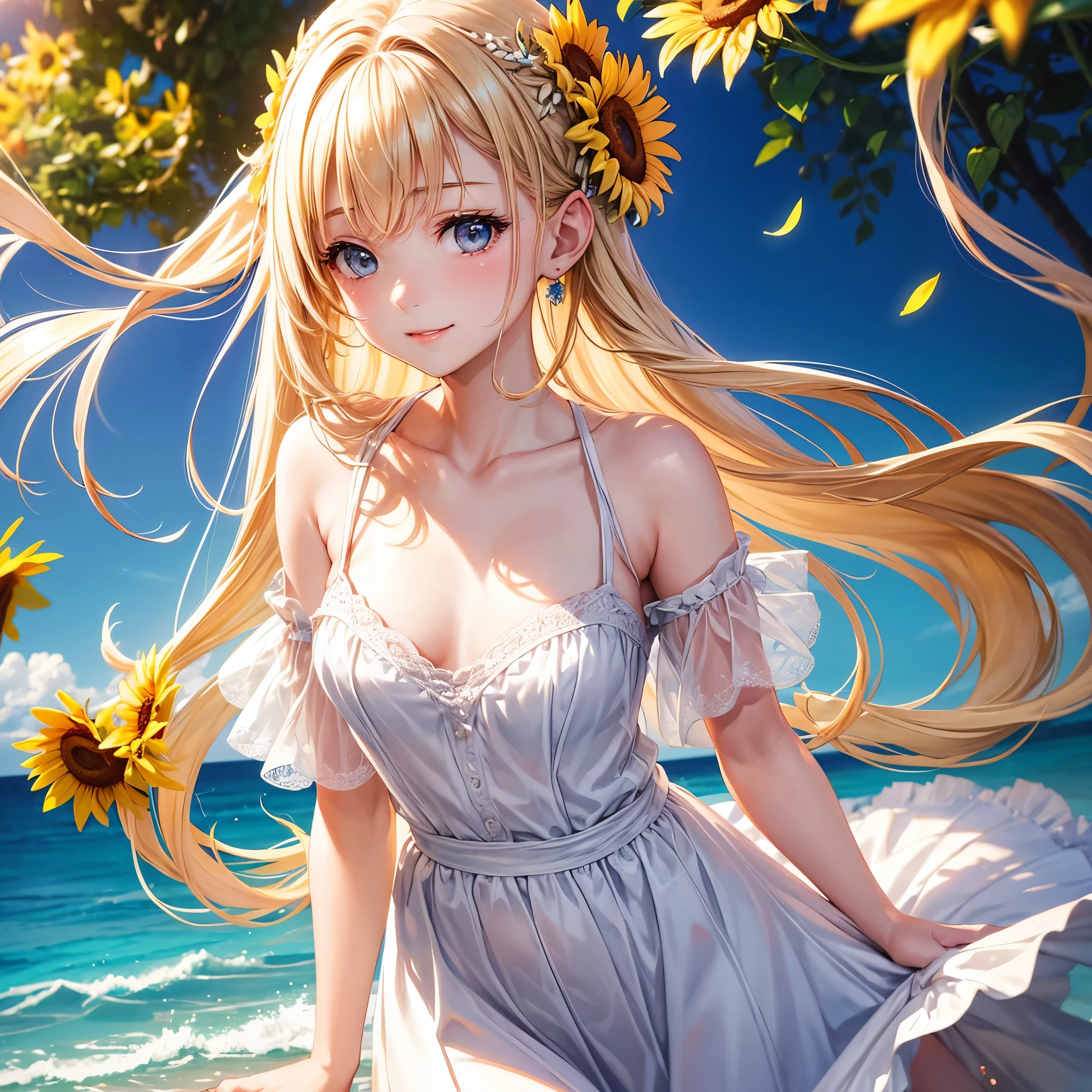 Highly Detailed CG Unity 8K Wallpaper, pretty girl, Mature blonde girl, Half Up,beautiful girl, Hot Maiden, Pale skin (super masterpiece, Beautiful person, well detailed face polluted smilee, Her flat chest is completely hidden by a short-sleeved dress.、Realistic, Surreal), White dress with short sleeves, (Light lighting)、smile,Upper Body 、Summer blue sky and sea background、Sunflower hair ornament、face up