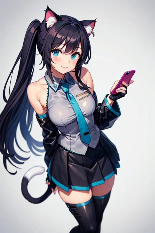 (((pixel-perfect, detail-perfect))), solo, 1girl, Len Kimura, (hair on the cat ears:1.9) jacket black, open jacket, bra gray, gloves black, skirt black, socks gray, shoes black, long hair, black hair, eye black, miku outfit, sleeveless shirt, grey shirt, detached sleeves, necktie, arm tattoo, skirt, thighhighs, thigh boots, smile, looking at viewer, holding phone, fingerless gloves