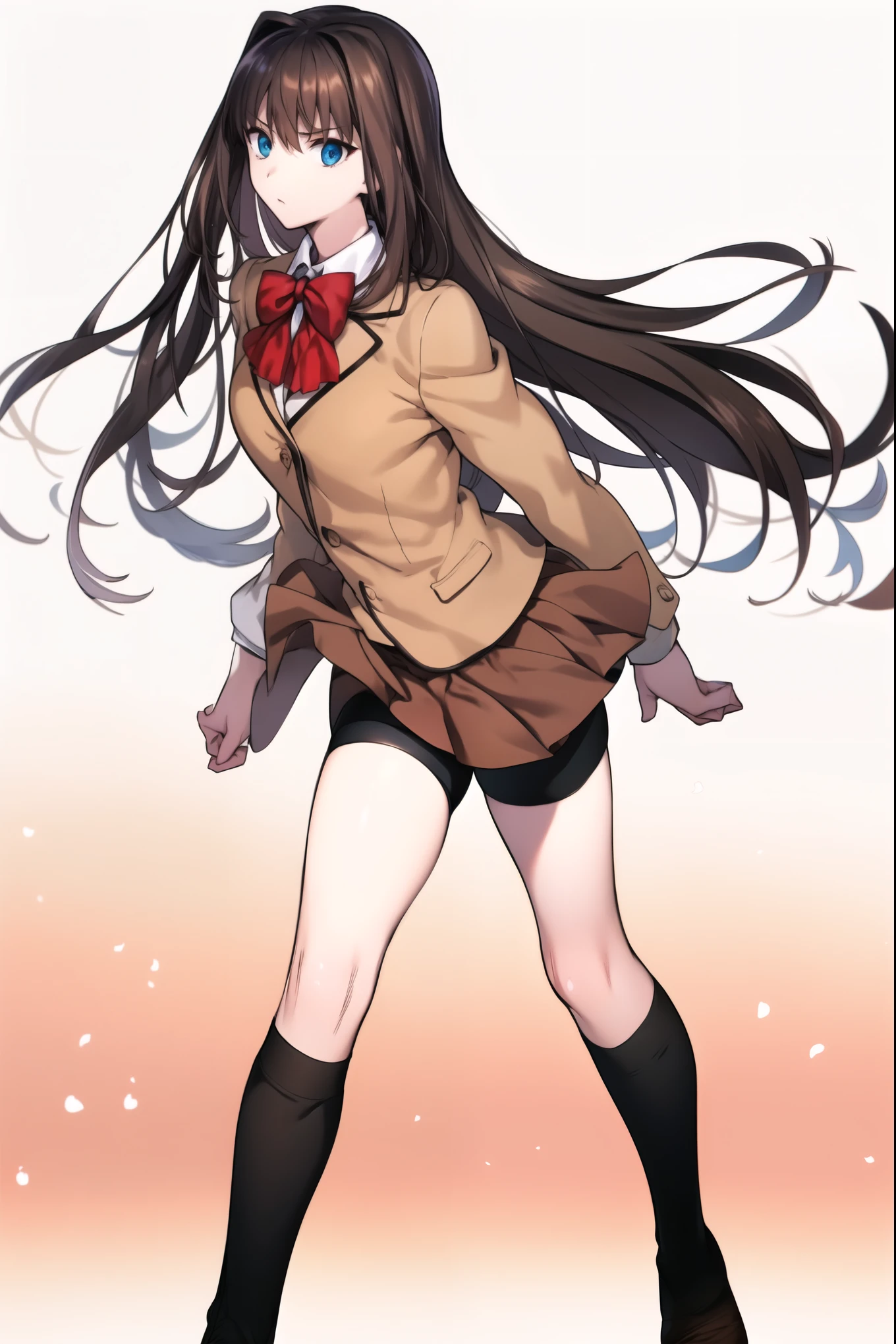 8k, high quality, AokoSchoolUniform, ((1girl)), (((solo))), (chestnut-brown hair with slightly reddish undertone), perfect face, red bowtie, beige blazer, (Umber pleated mini-skirt:1.5), (black spandex shorts:1.4), (nice thighs:1.4), (thigh-high black socks:1.5), (brown Strap-Shoes), standing, (full body), (white-empty background:1.4), completely empty background
